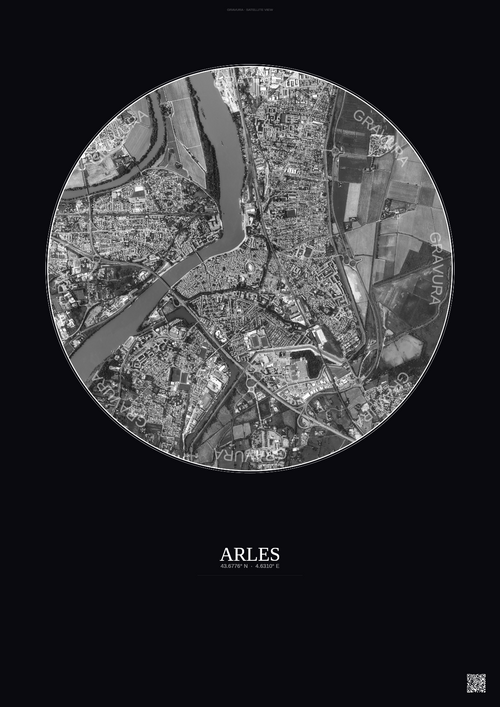 Affiche Arles – Poster vue satellite 2.5km N&B | Gravura – Fond foncé