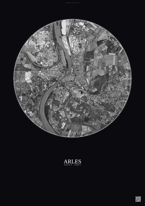 Affiche Arles – Poster vue satellite 5km N&B | Gravura – Fond foncé