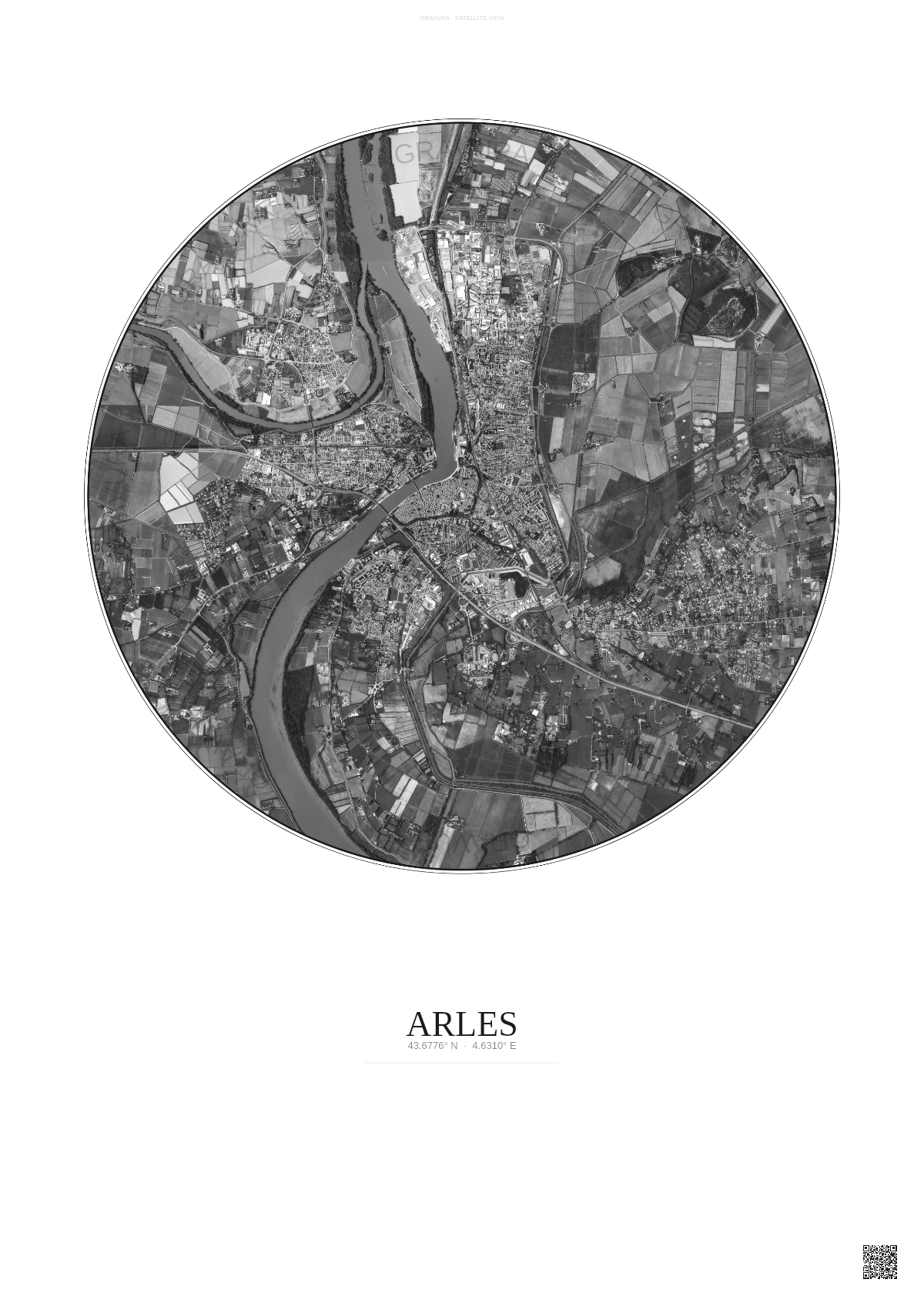 Affiche Arles – Poster vue satellite 5km N&B | Gravura – Fond clair