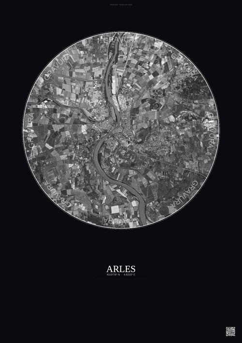 Affiche Arles – Poster vue satellite 10km N&B | Gravura – Fond foncé