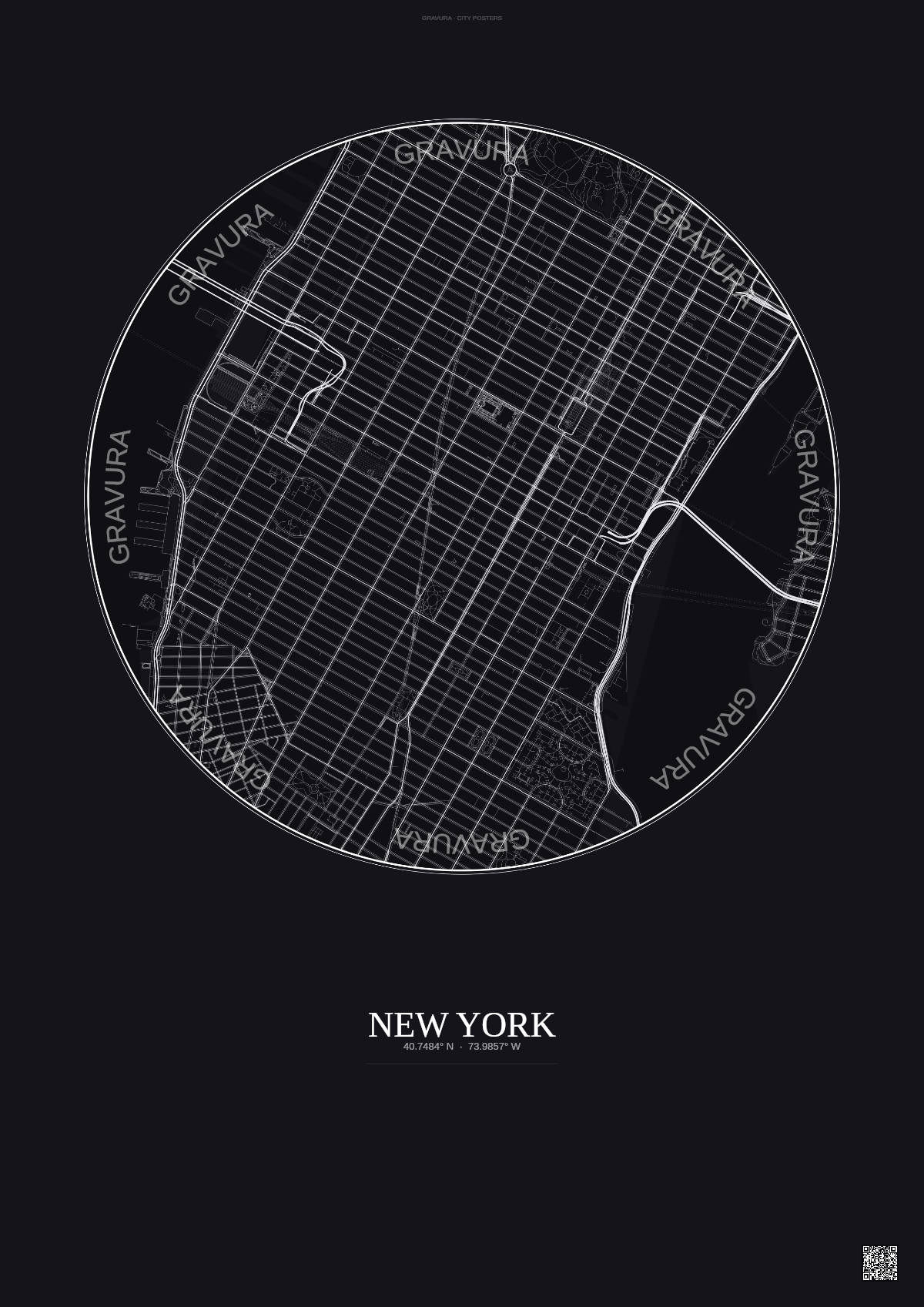 Affiche New York – Poster carte de ville 2.5km | Gravura – Fond foncé