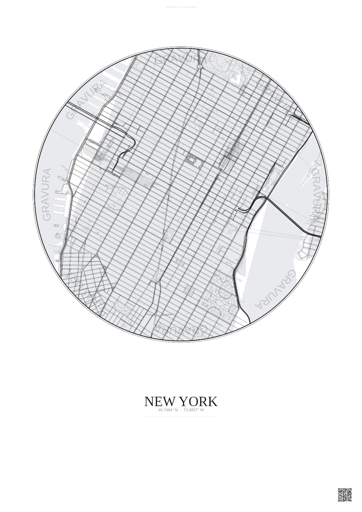 Affiche New York – Poster carte de ville 2.5km | Gravura – Fond clair
