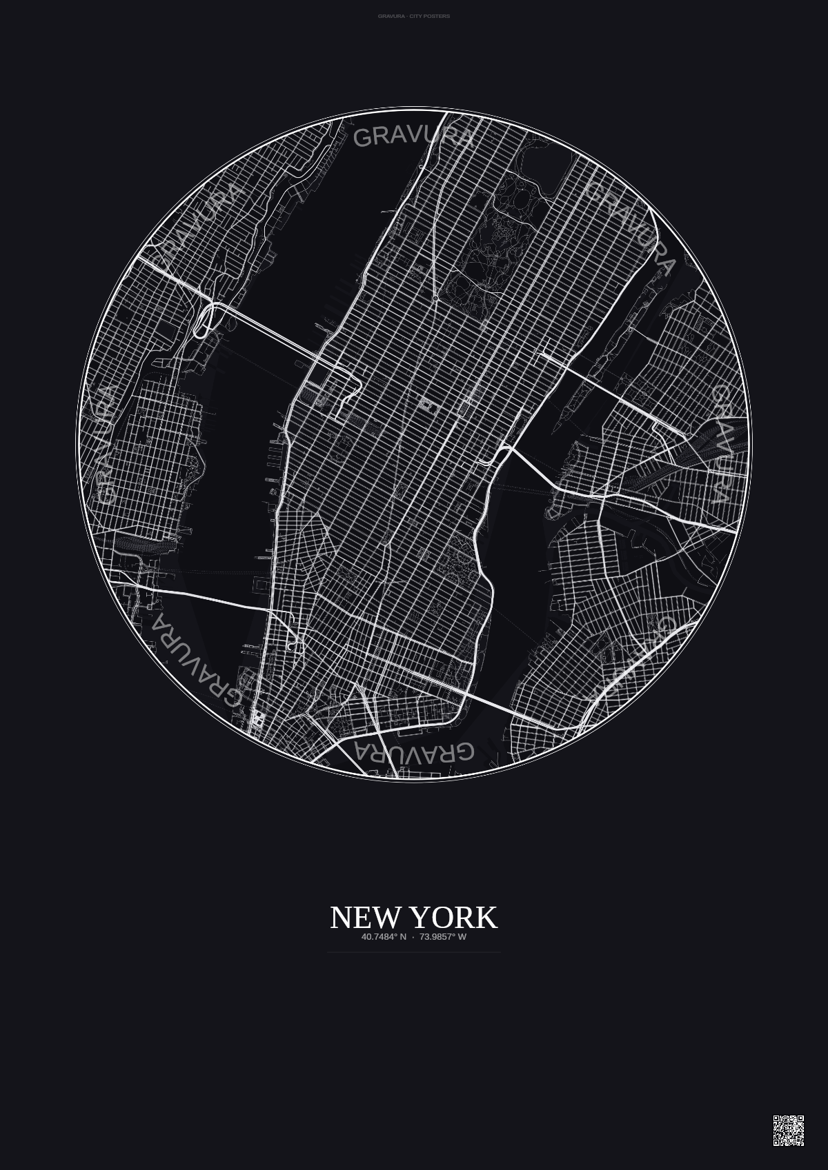 Affiche New York – Poster carte de ville 5km | Gravura – Fond foncé
