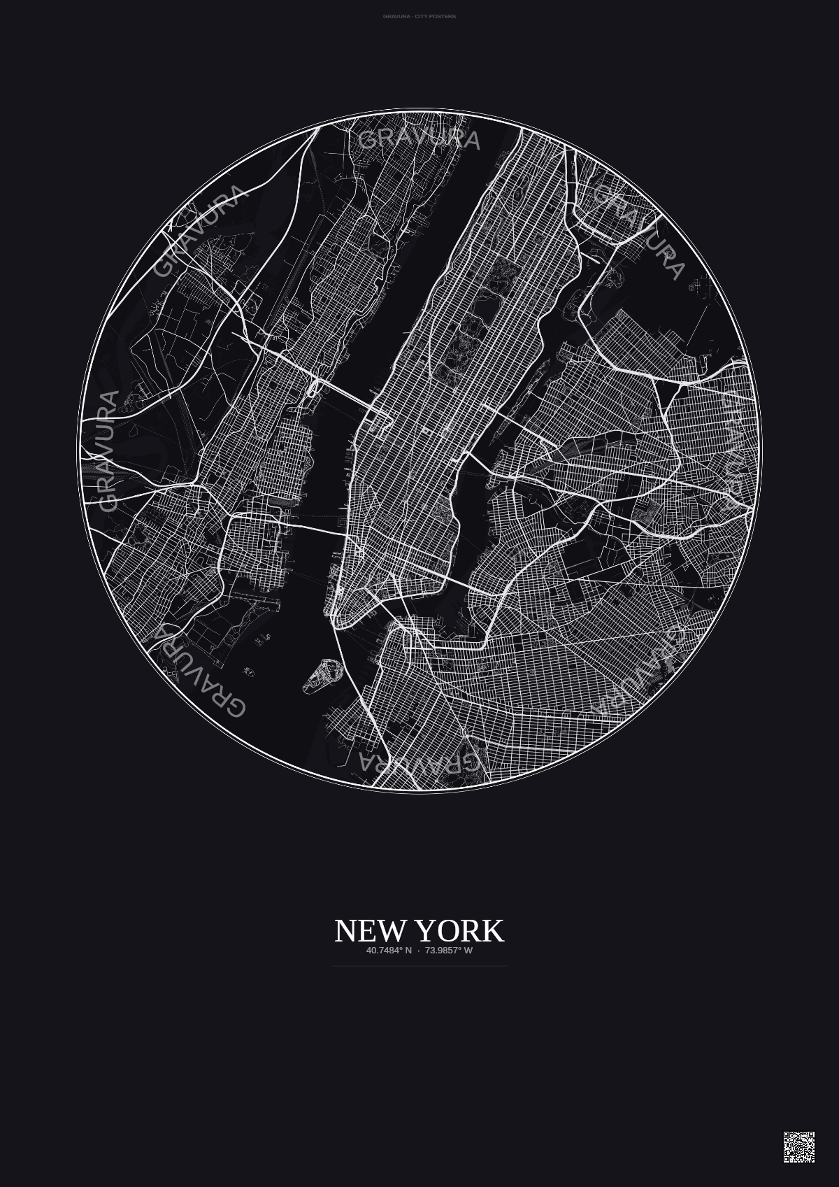 Affiche New York – Poster carte de ville 10km | Gravura – Fond foncé