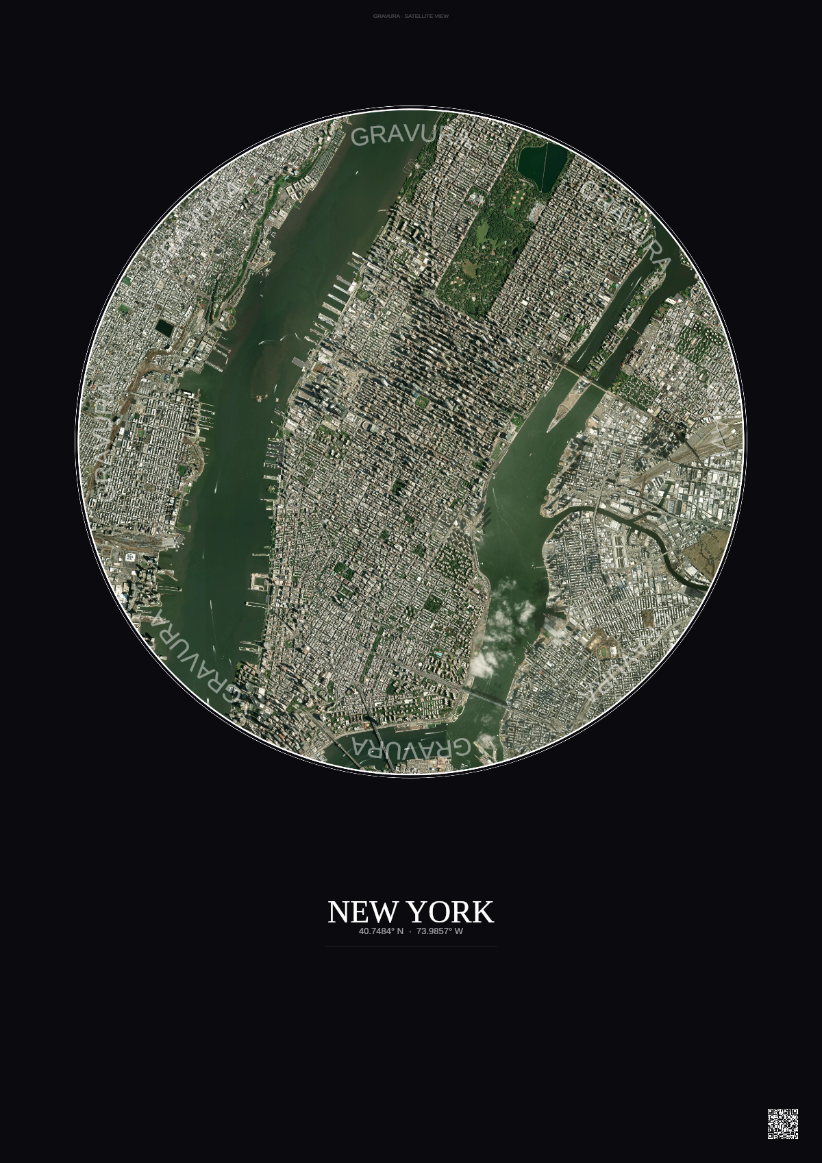 Affiche New York – Poster vue satellite 5km Couleur | Gravura – Fond foncé