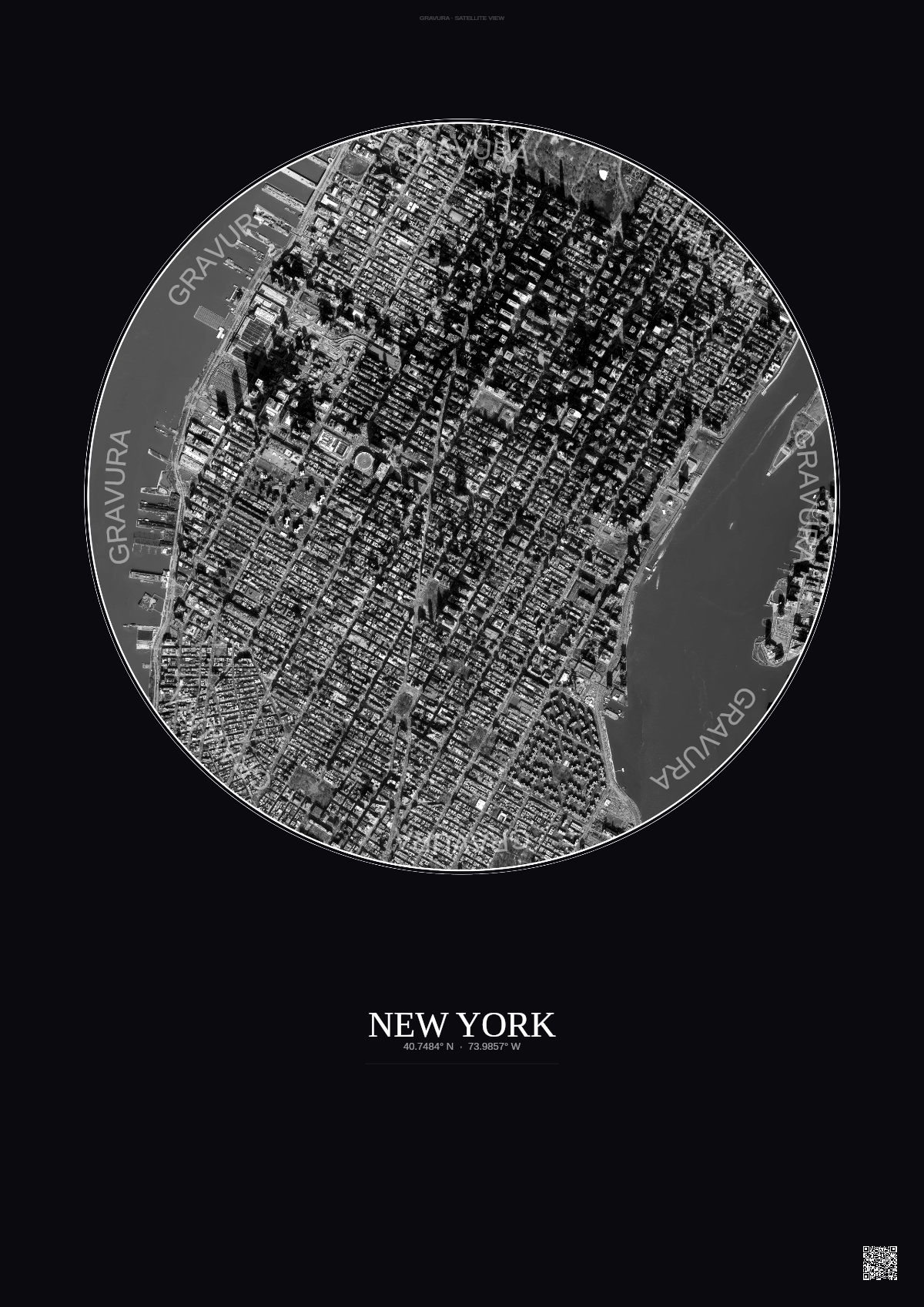Affiche New York – Poster vue satellite 2.5km N&B | Gravura – Fond foncé