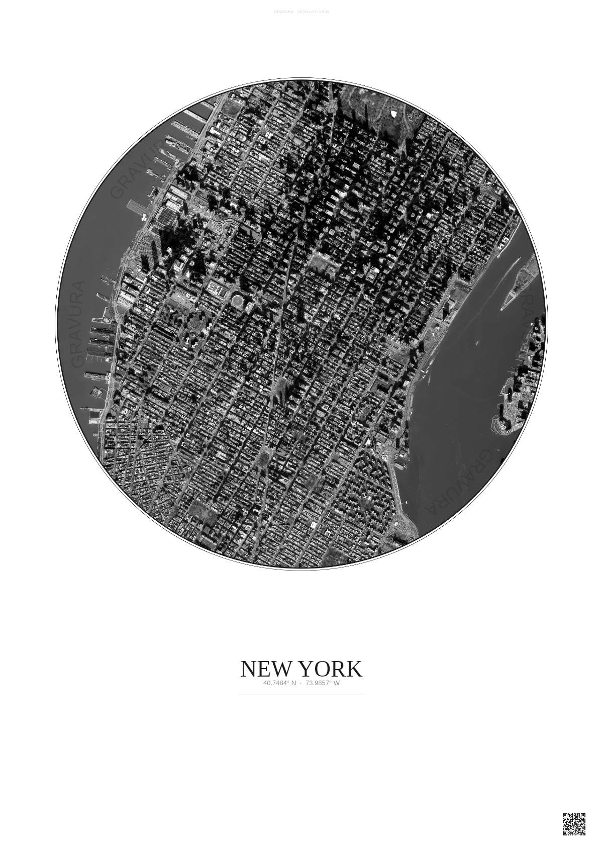 Affiche New York – Poster vue satellite 2.5km N&B | Gravura – Fond clair
