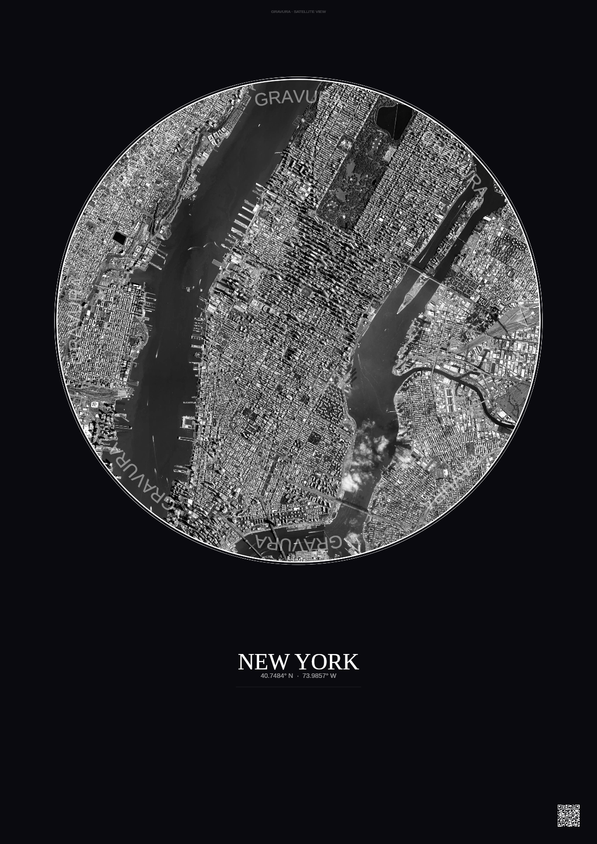 Affiche New York – Poster vue satellite 5km N&B | Gravura – Fond foncé