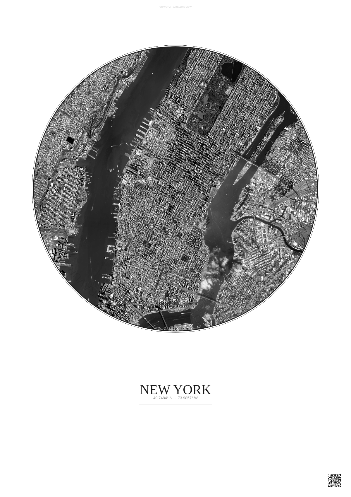 Affiche New York – Poster vue satellite 5km N&B | Gravura – Fond clair