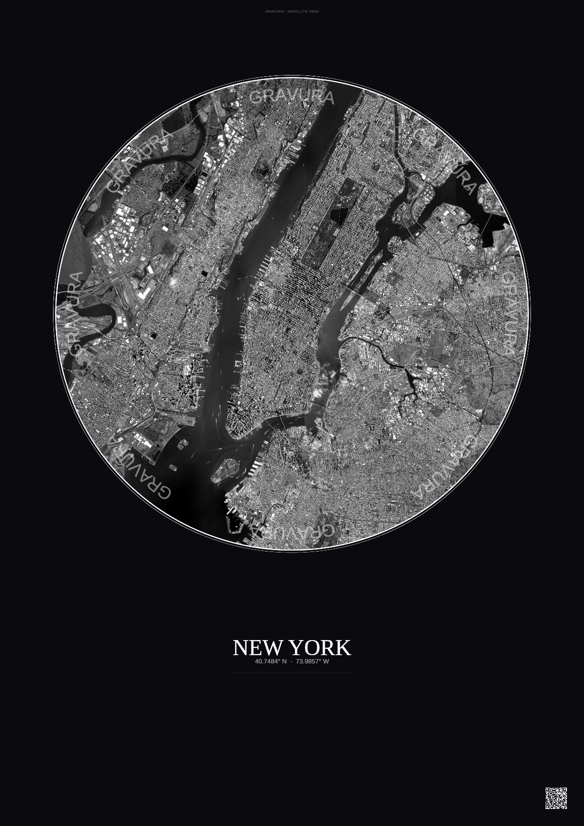 Affiche New York – Poster vue satellite 10km N&B | Gravura – Fond foncé