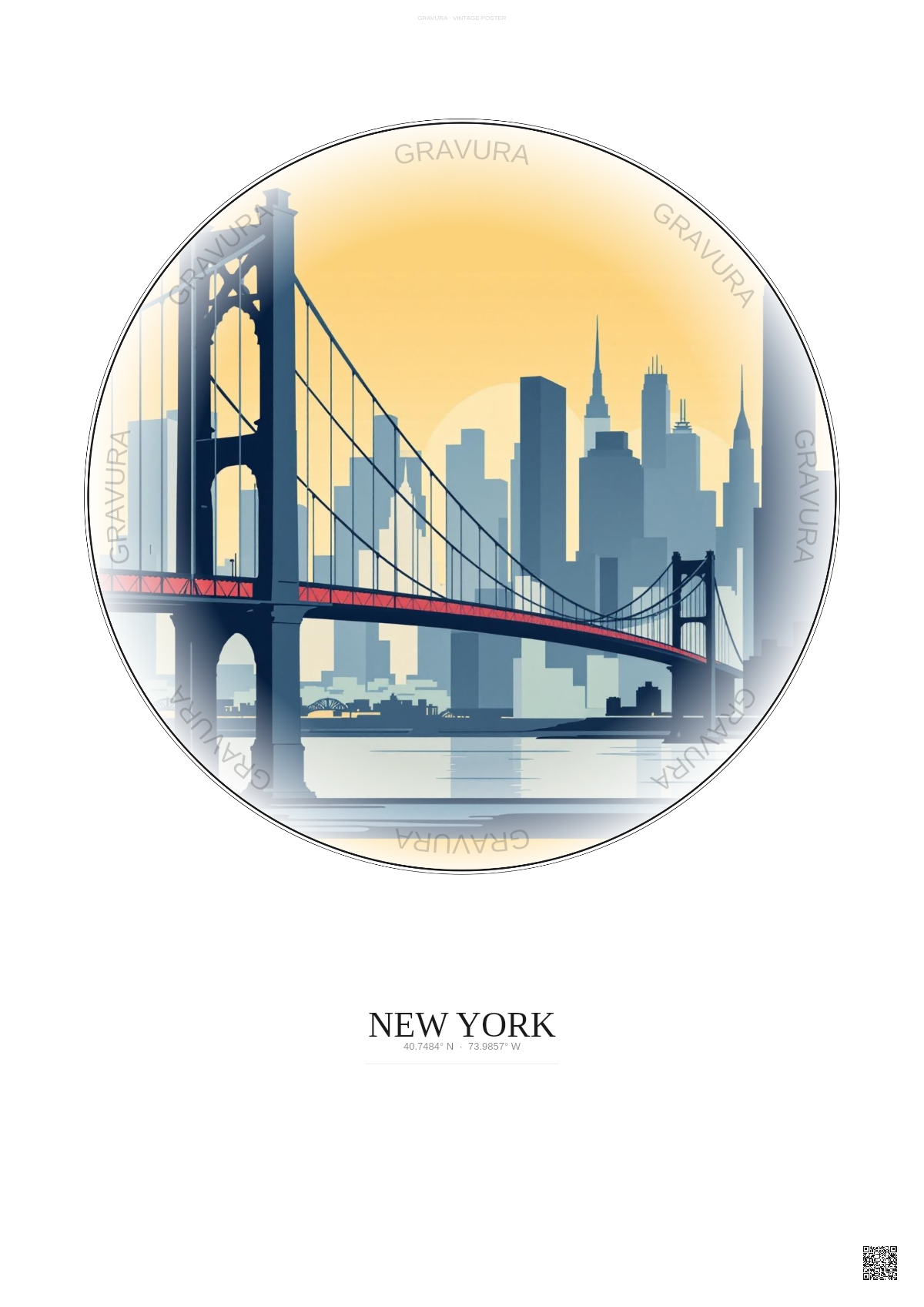 Affiche New York – Poster illustration vintage – Brooklyn Bridge | Gravura – Fond clair