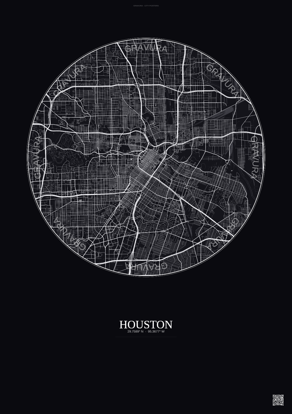 Affiche Houston – Poster carte de ville 10km | Gravura – Fond foncé
