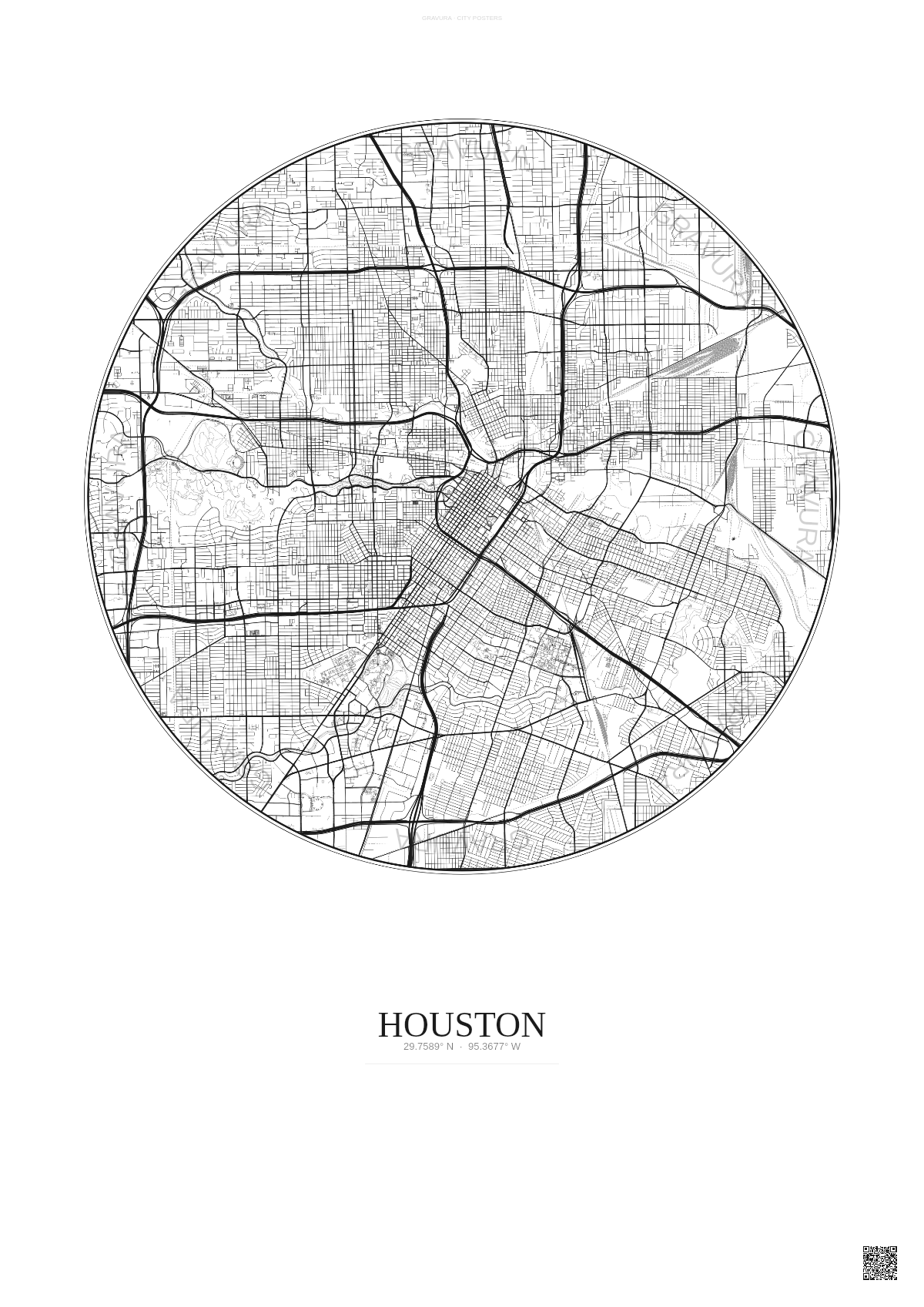 Affiche Houston – Poster carte de ville 10km | Gravura – Fond clair