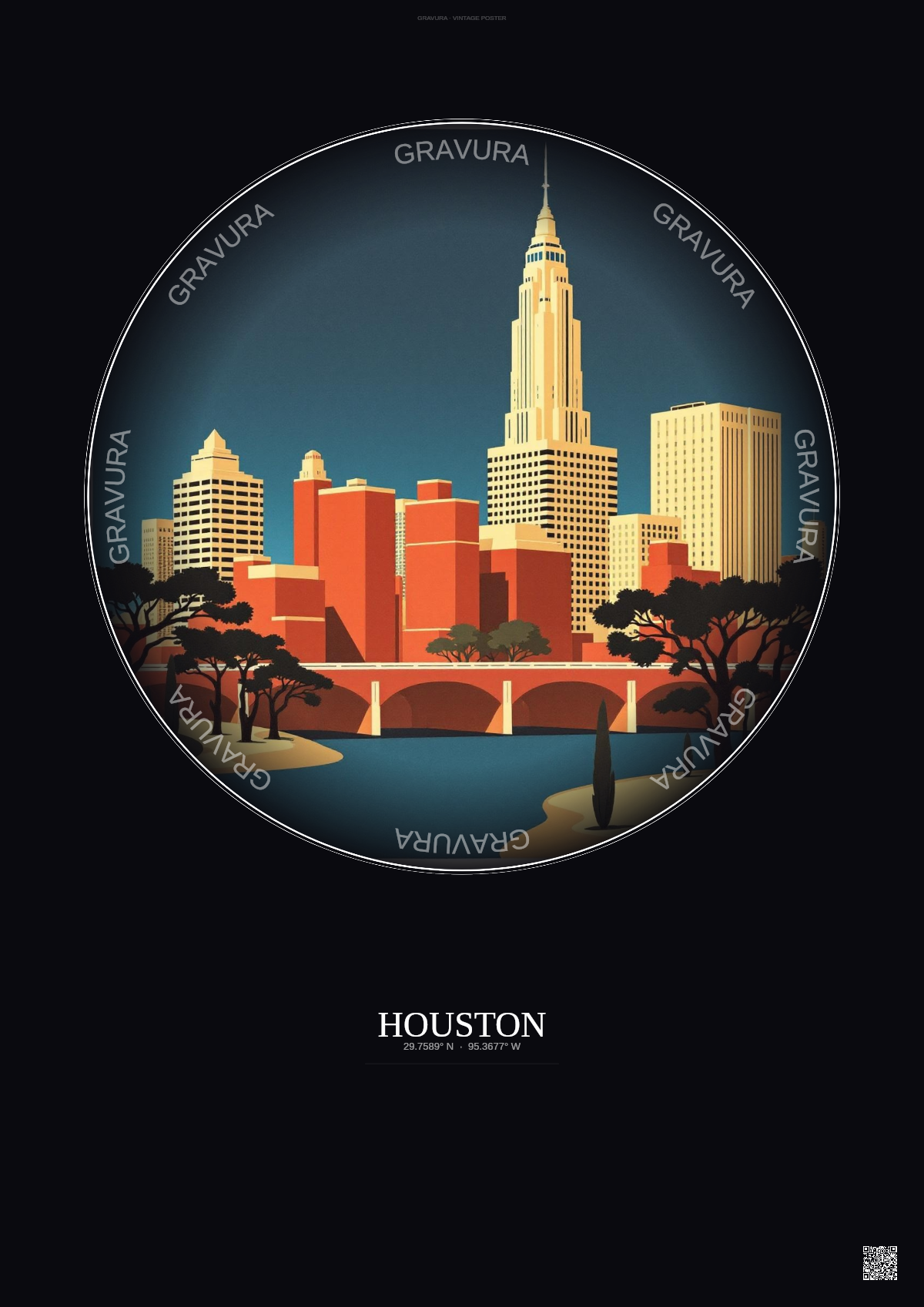 Affiche Houston – Poster illustration vintage – Houston | Gravura – Fond foncé