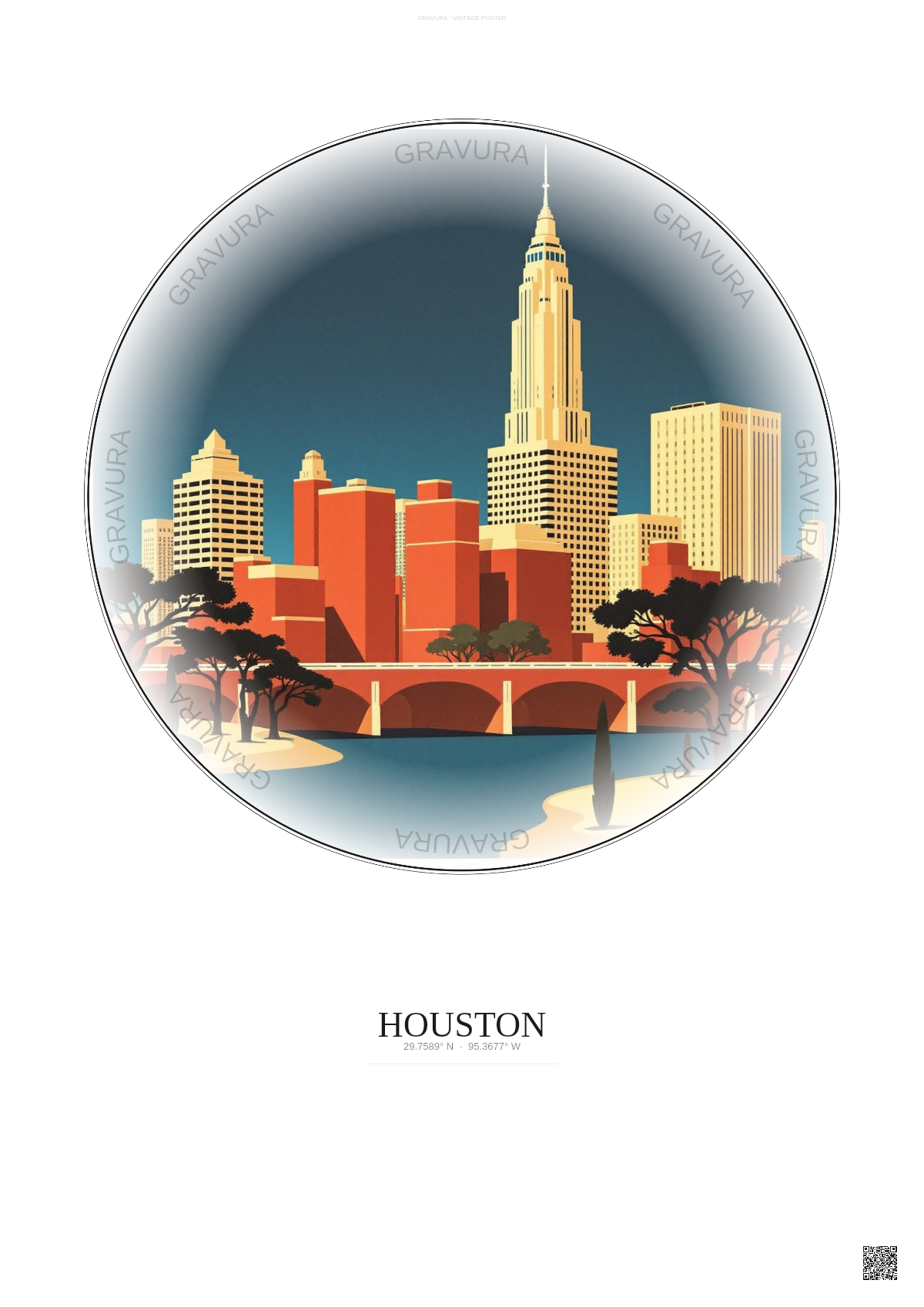 Affiche Houston – Poster illustration vintage – Houston | Gravura – Fond clair