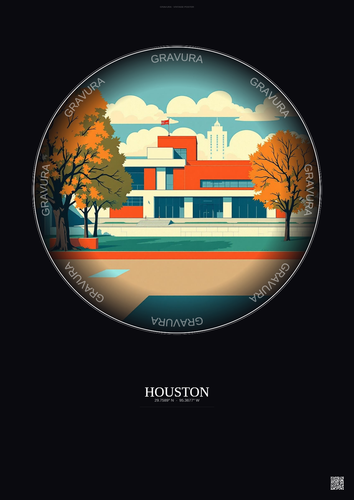 Affiche Houston – Poster illustration vintage – Museum Of Fine Arts Houston | Gravura – Fond foncé