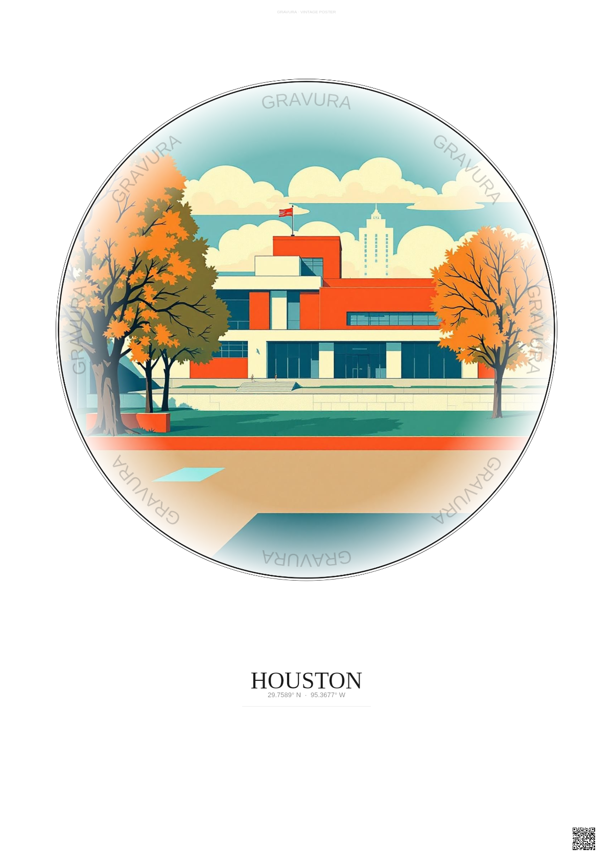 Affiche Houston – Poster illustration vintage – Museum Of Fine Arts Houston | Gravura – Fond clair
