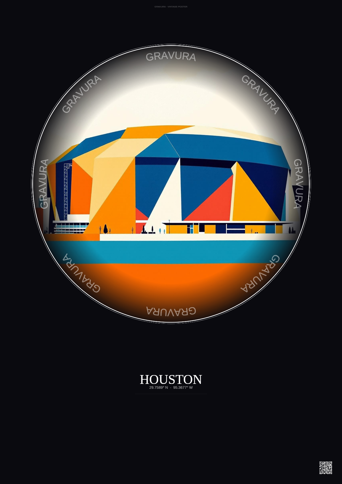 Affiche Houston – Poster illustration vintage – Nrg Stadium | Gravura – Fond foncé
