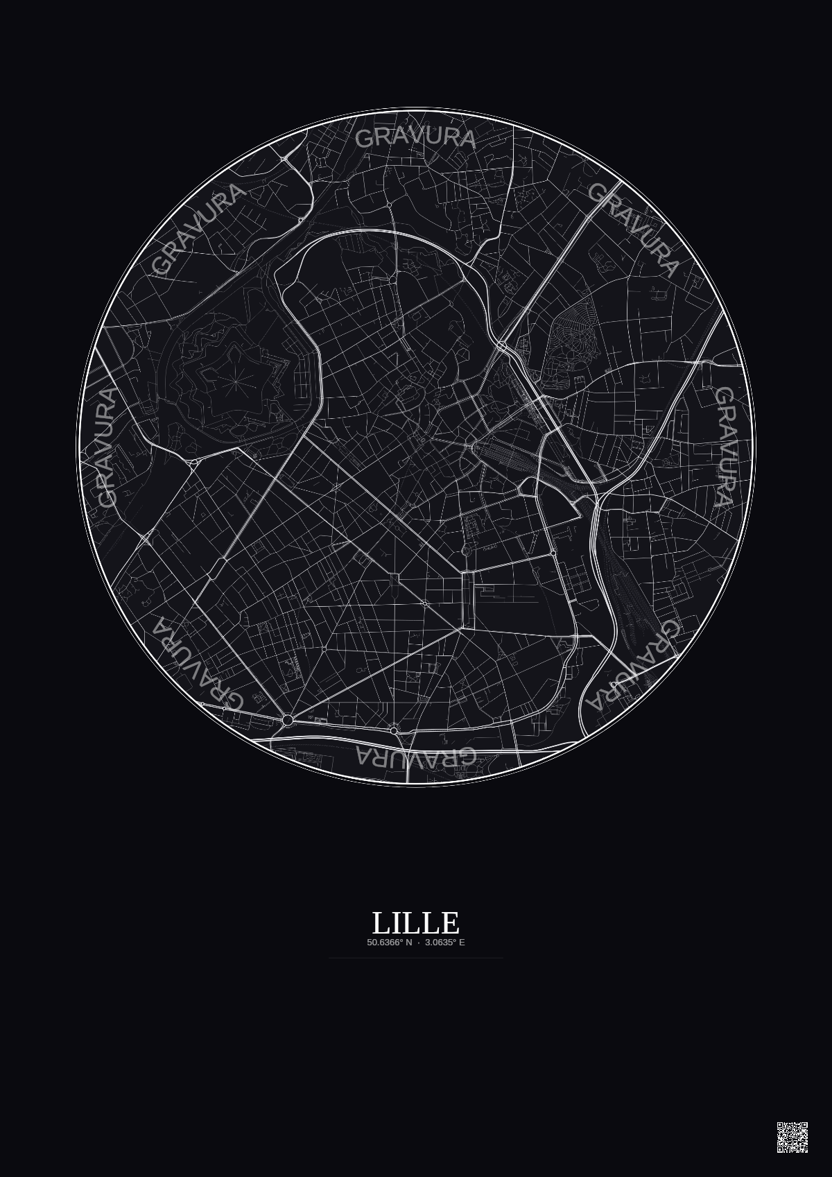 Affiche Lille – Poster carte de ville 2.5km | Gravura – Fond foncé