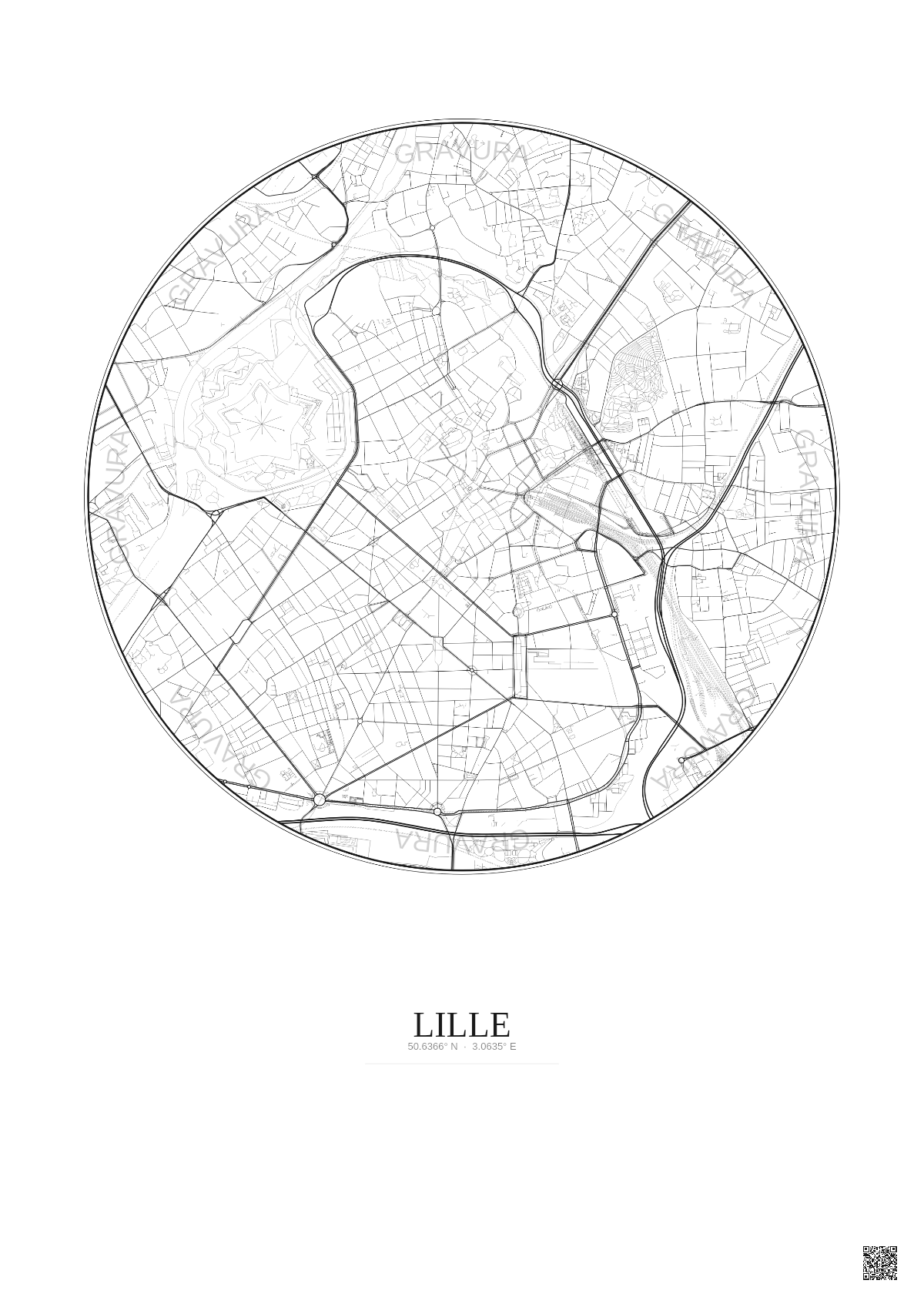 Affiche Lille – Poster carte de ville 2.5km | Gravura – Fond clair
