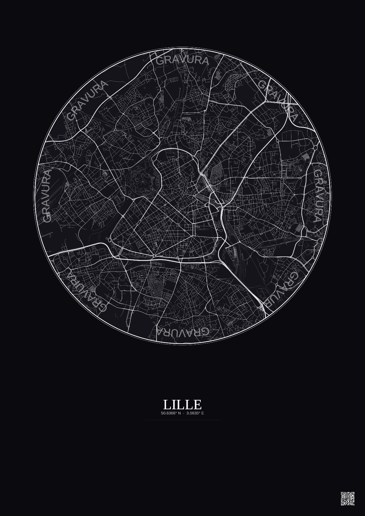 Affiche Lille – Poster carte de ville 5km | Gravura – Fond foncé