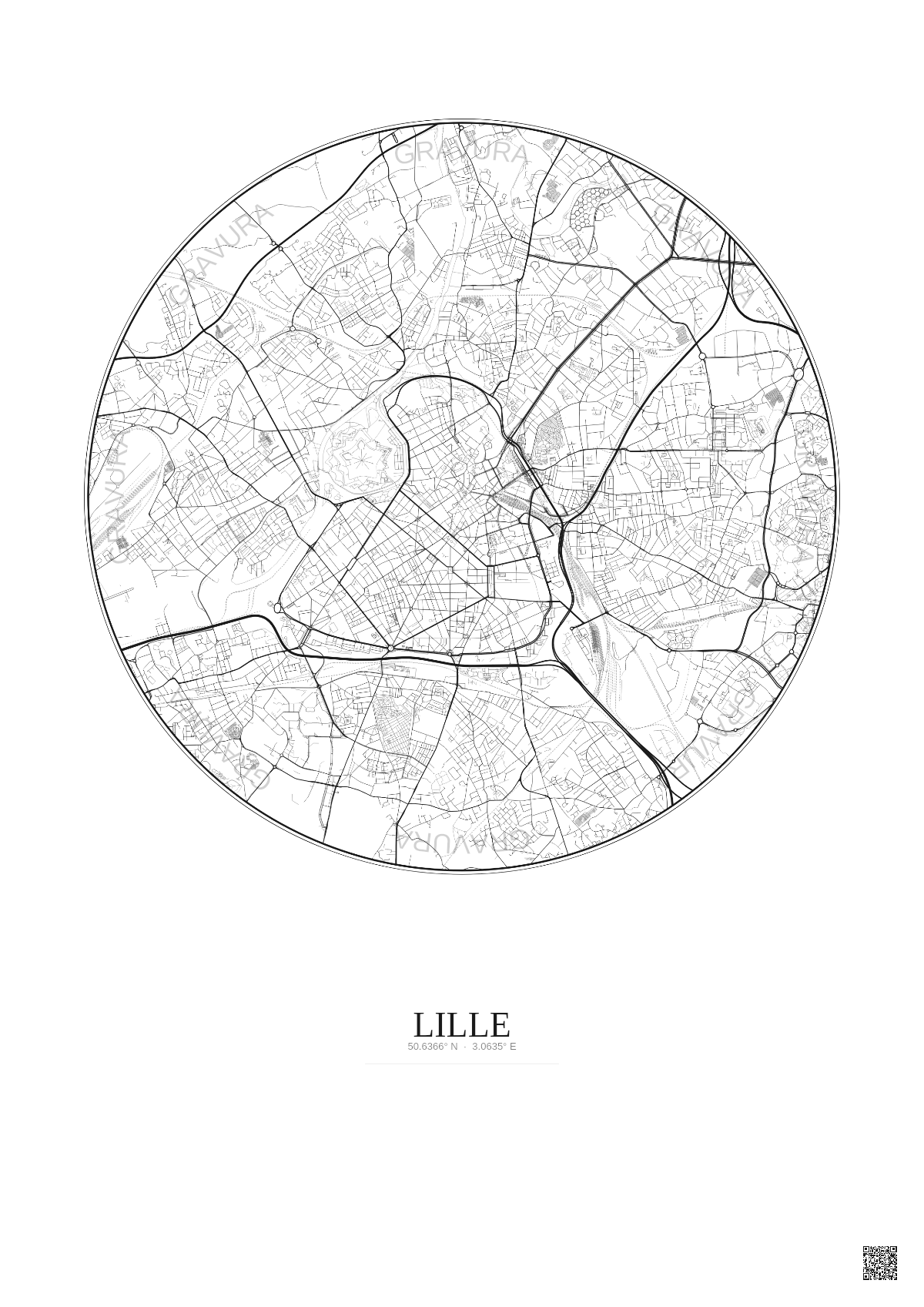 Affiche Lille – Poster carte de ville 5km | Gravura – Fond clair