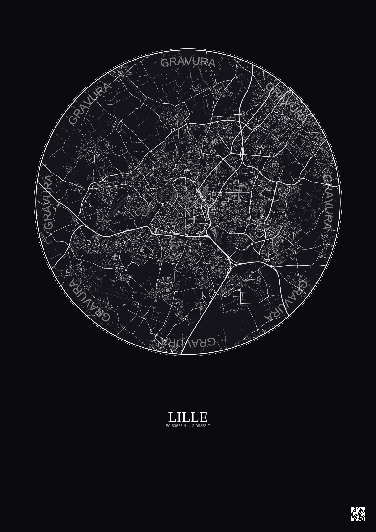 Affiche Lille – Poster carte de ville 10km | Gravura – Fond foncé