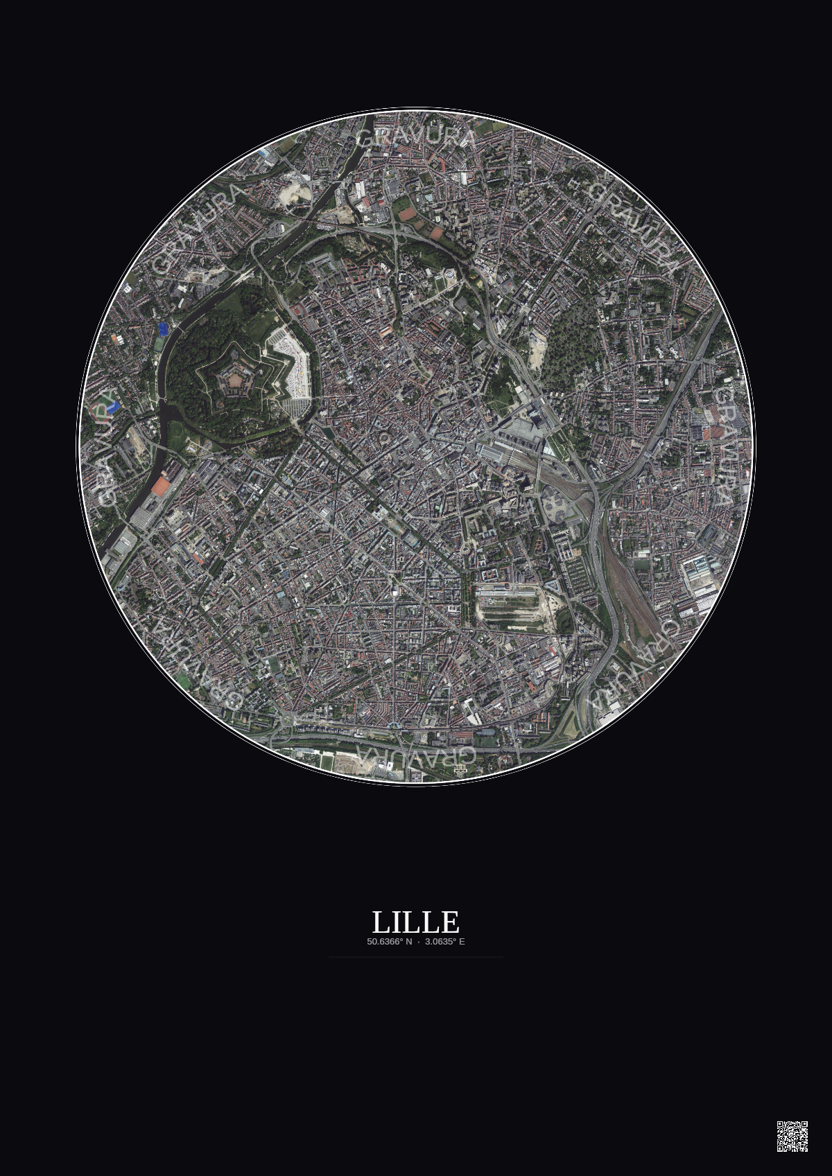Affiche Lille – Poster vue satellite 2.5km Couleur | Gravura – Fond foncé