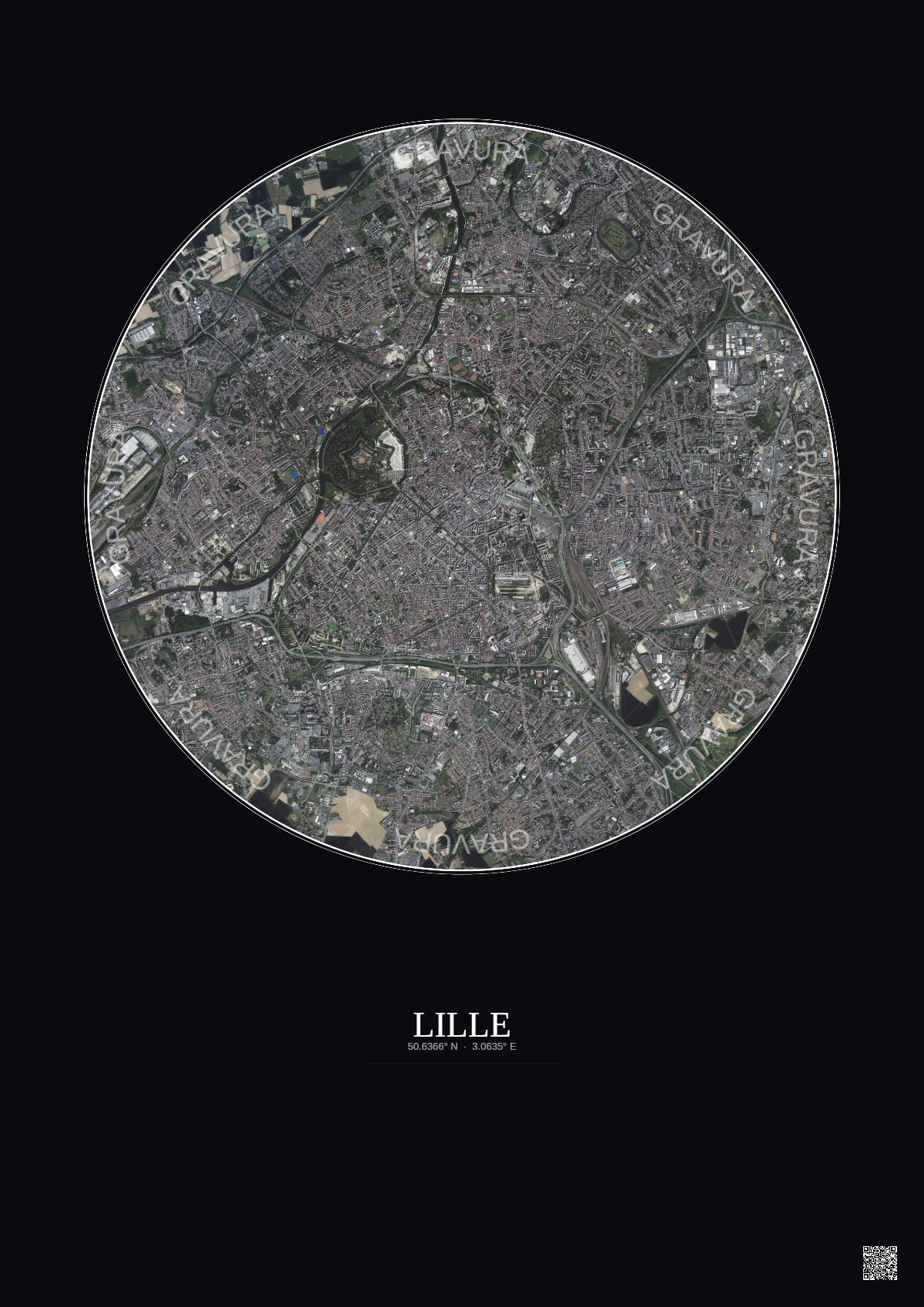 Affiche Lille – Poster vue satellite 5km Couleur | Gravura – Fond foncé