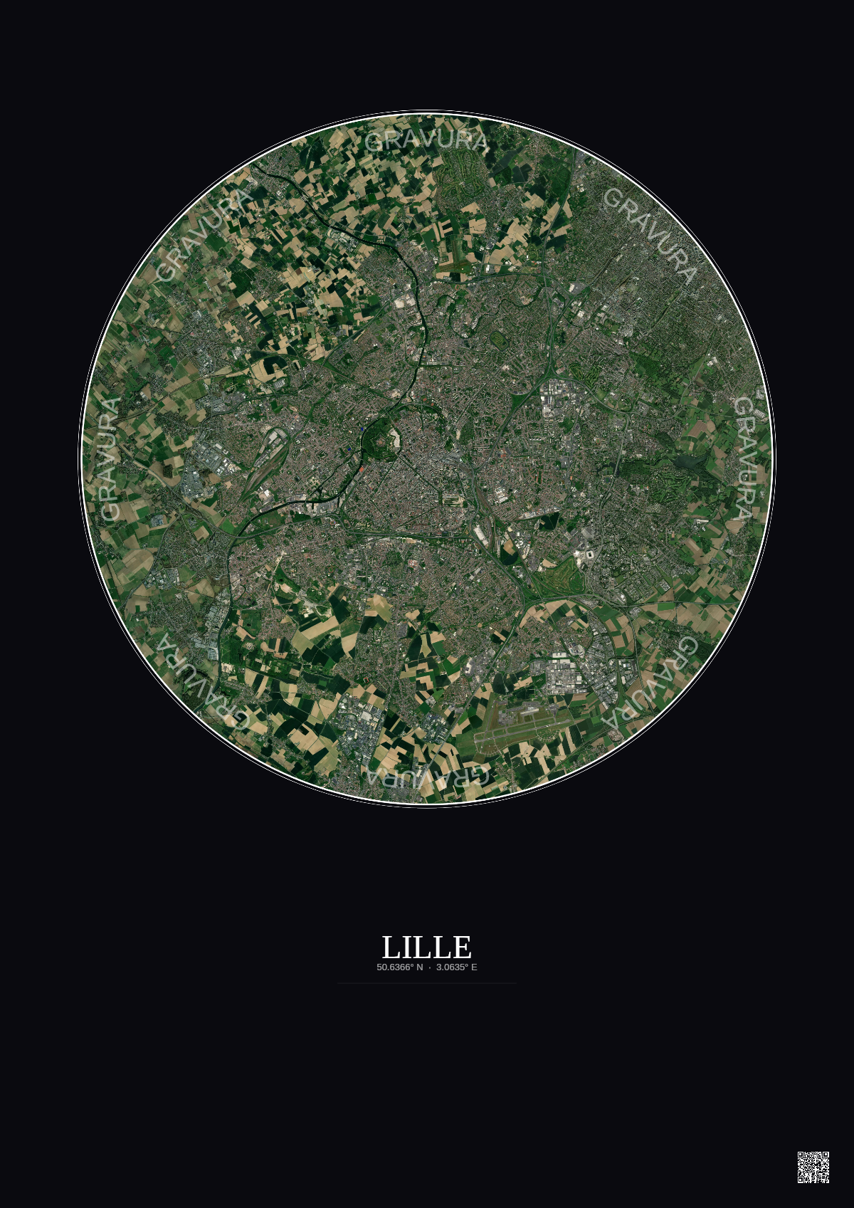 Affiche Lille – Poster vue satellite 10km Couleur | Gravura – Fond foncé