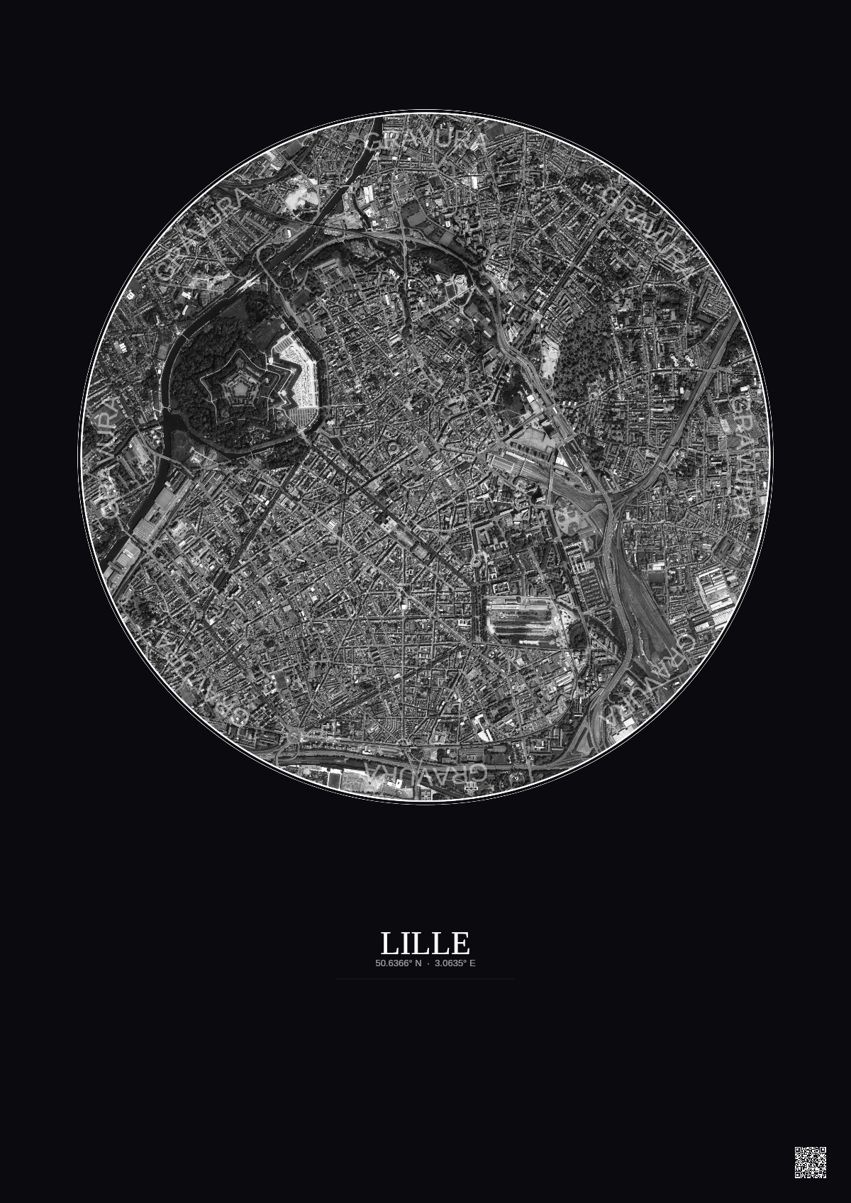 Affiche Lille – Poster vue satellite 2.5km N&B | Gravura – Fond foncé