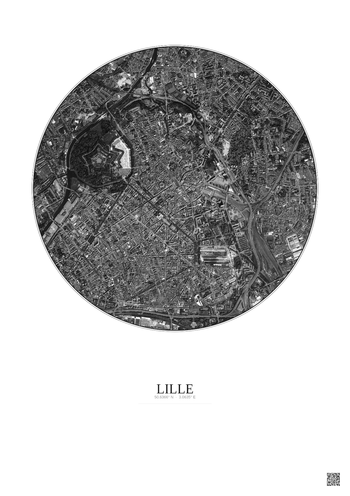 Affiche Lille – Poster vue satellite 2.5km N&B | Gravura – Fond clair