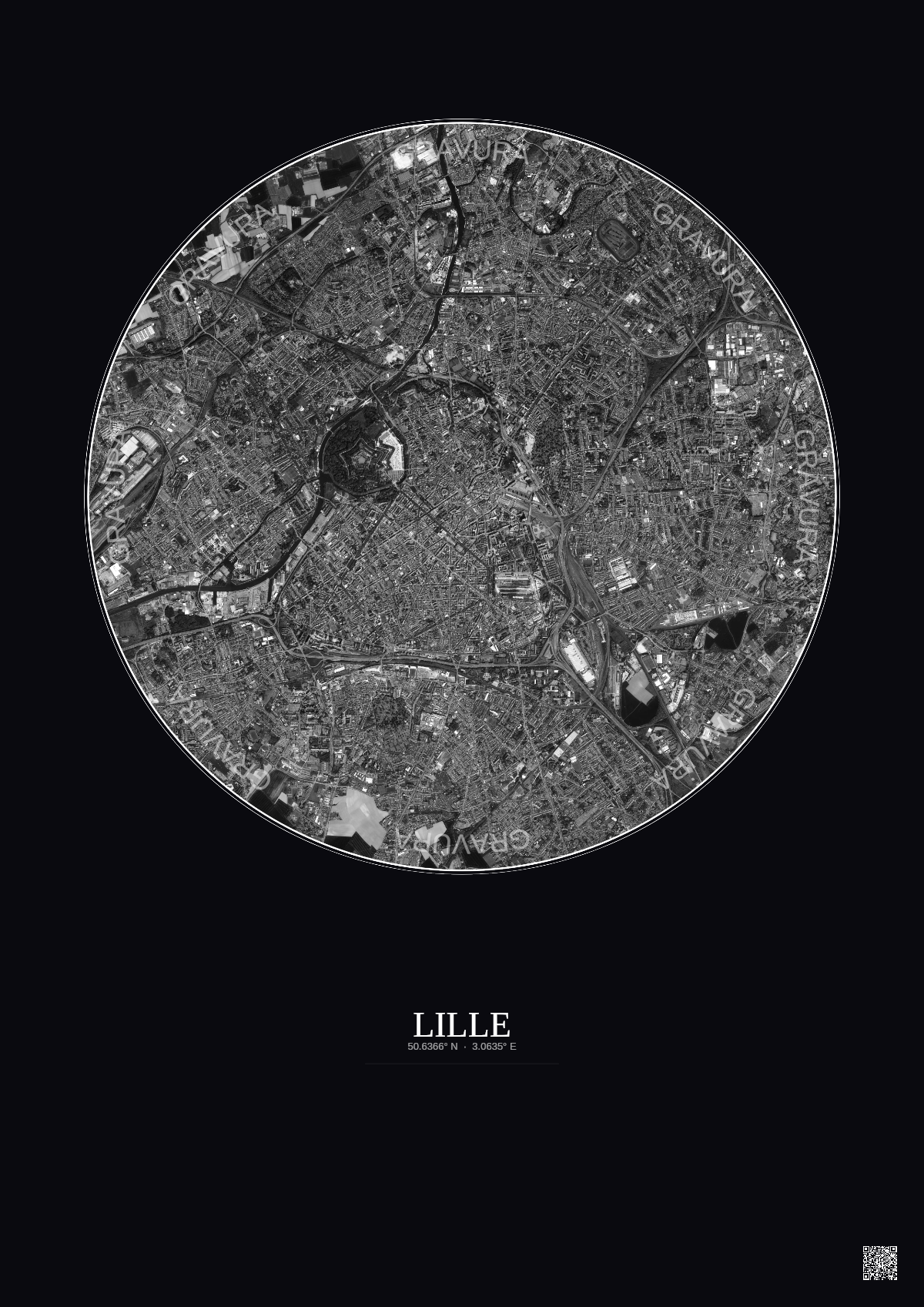 Affiche Lille – Poster vue satellite 5km N&B | Gravura – Fond foncé