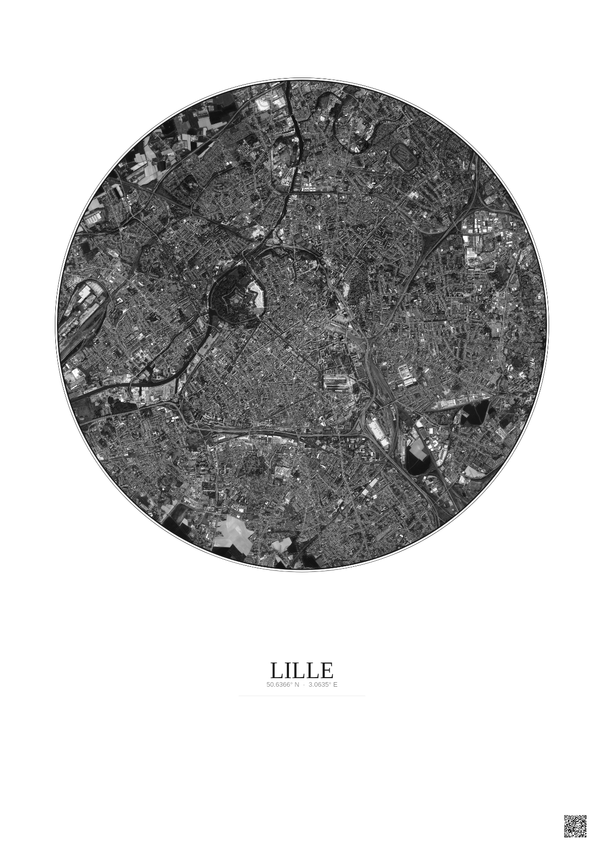 Affiche Lille – Poster vue satellite 5km N&B | Gravura – Fond clair