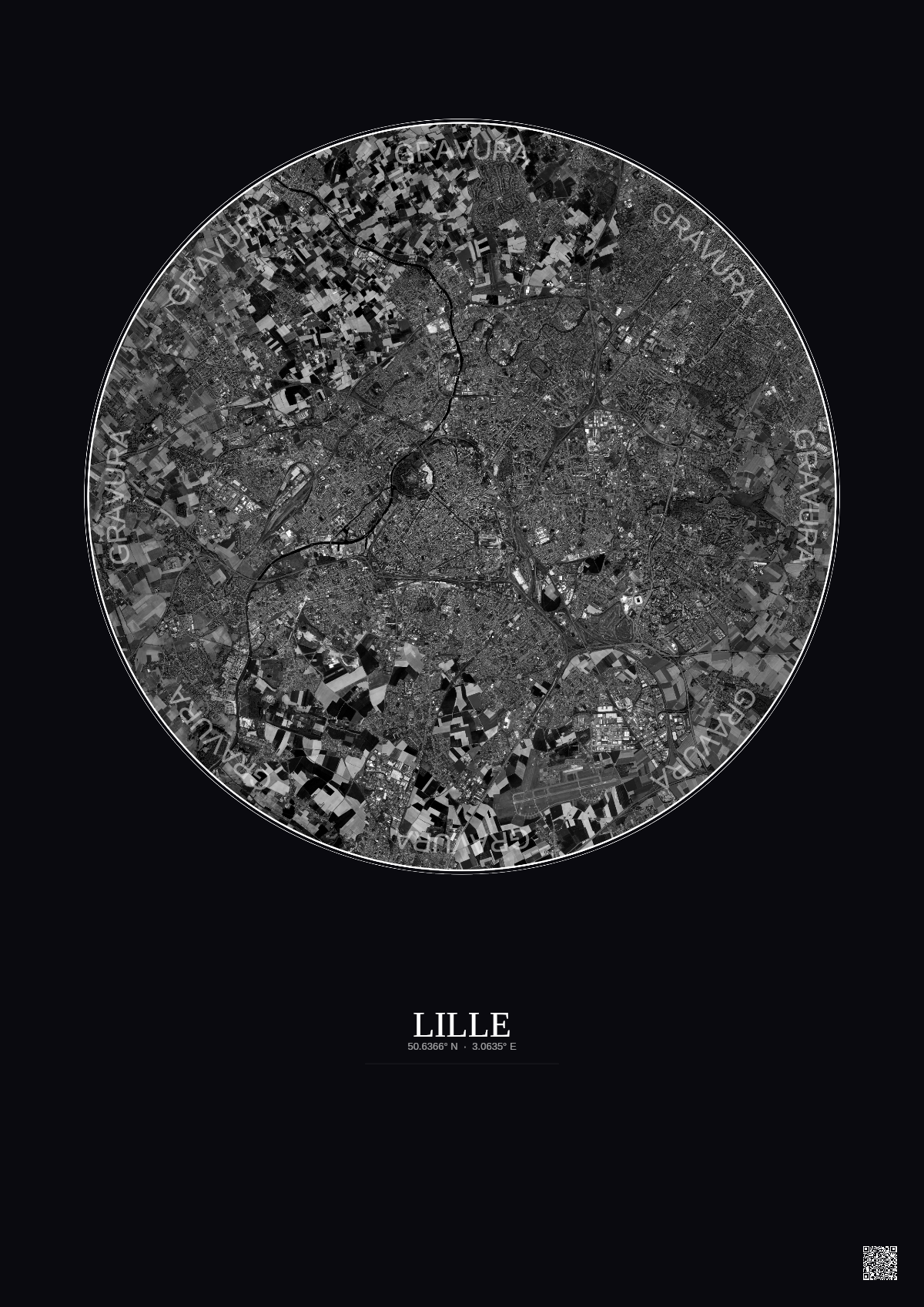 Affiche Lille – Poster vue satellite 10km N&B | Gravura – Fond foncé