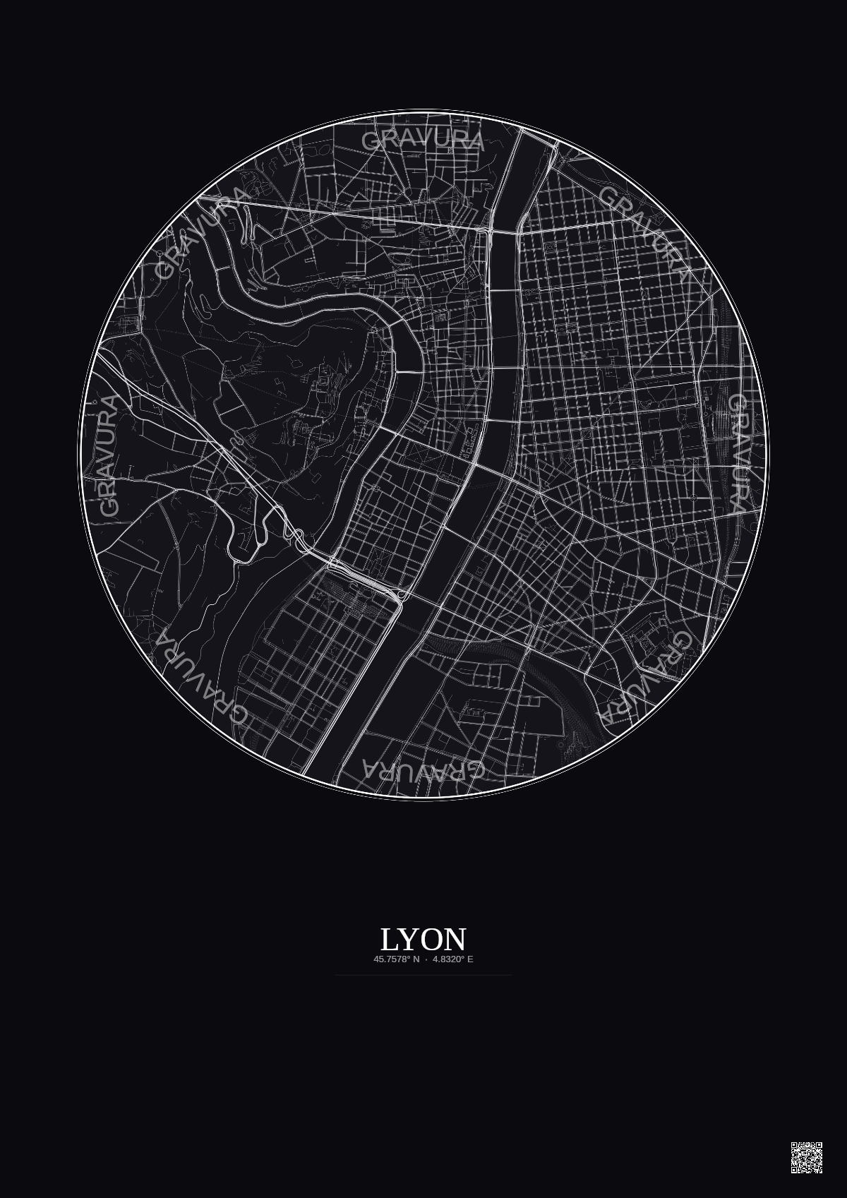 Affiche Lyon – Poster carte de ville 2.5km | Gravura – Fond foncé