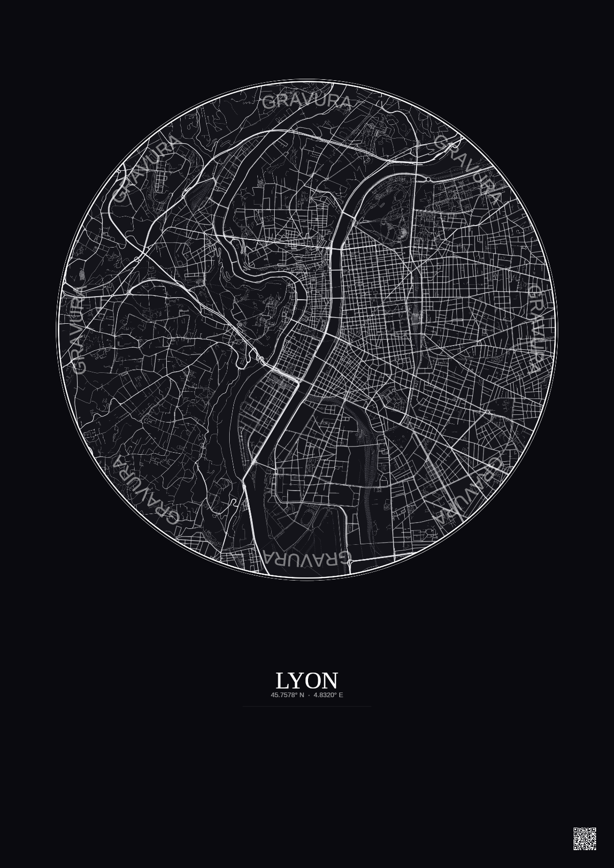 Affiche Lyon – Poster carte de ville 5km | Gravura – Fond foncé