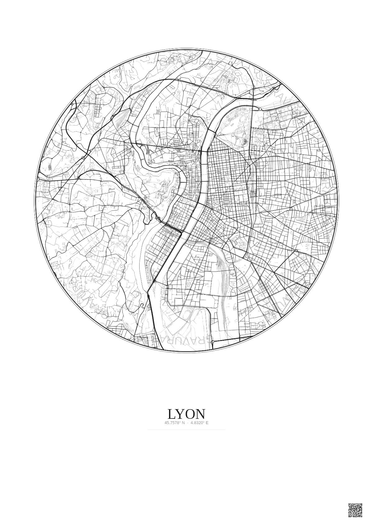 Affiche Lyon – Poster carte de ville 5km | Gravura – Fond clair