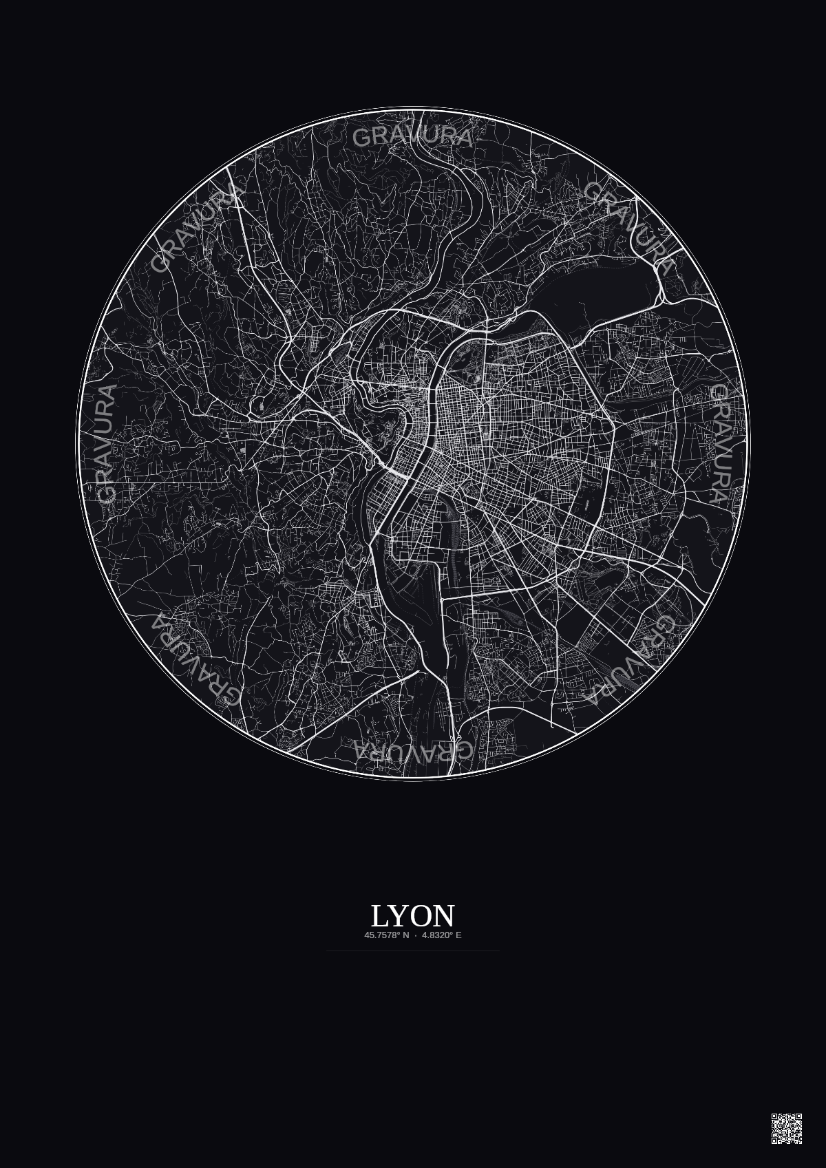 Affiche Lyon – Poster carte de ville 10km | Gravura – Fond foncé