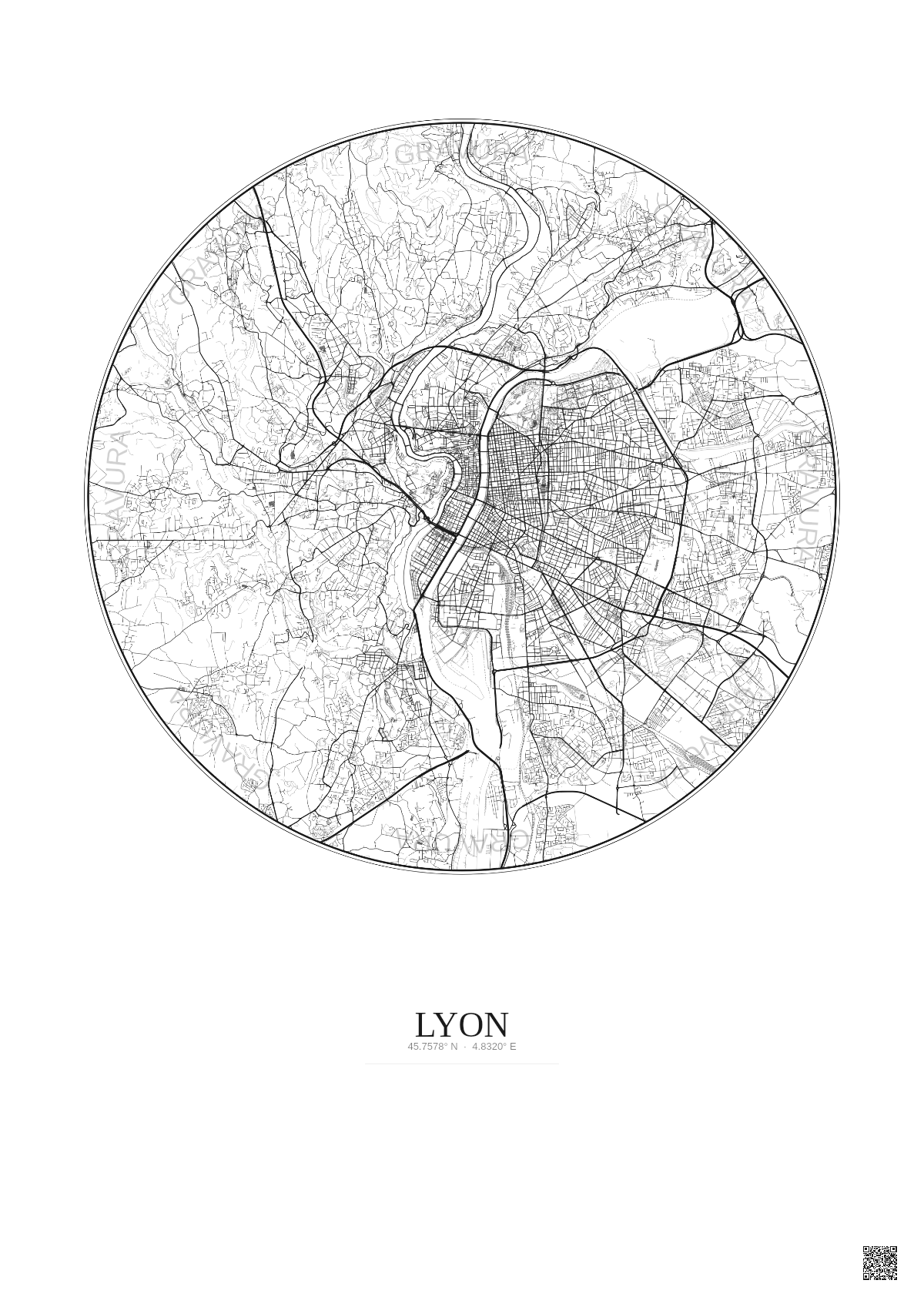 Affiche Lyon – Poster carte de ville 10km | Gravura – Fond clair