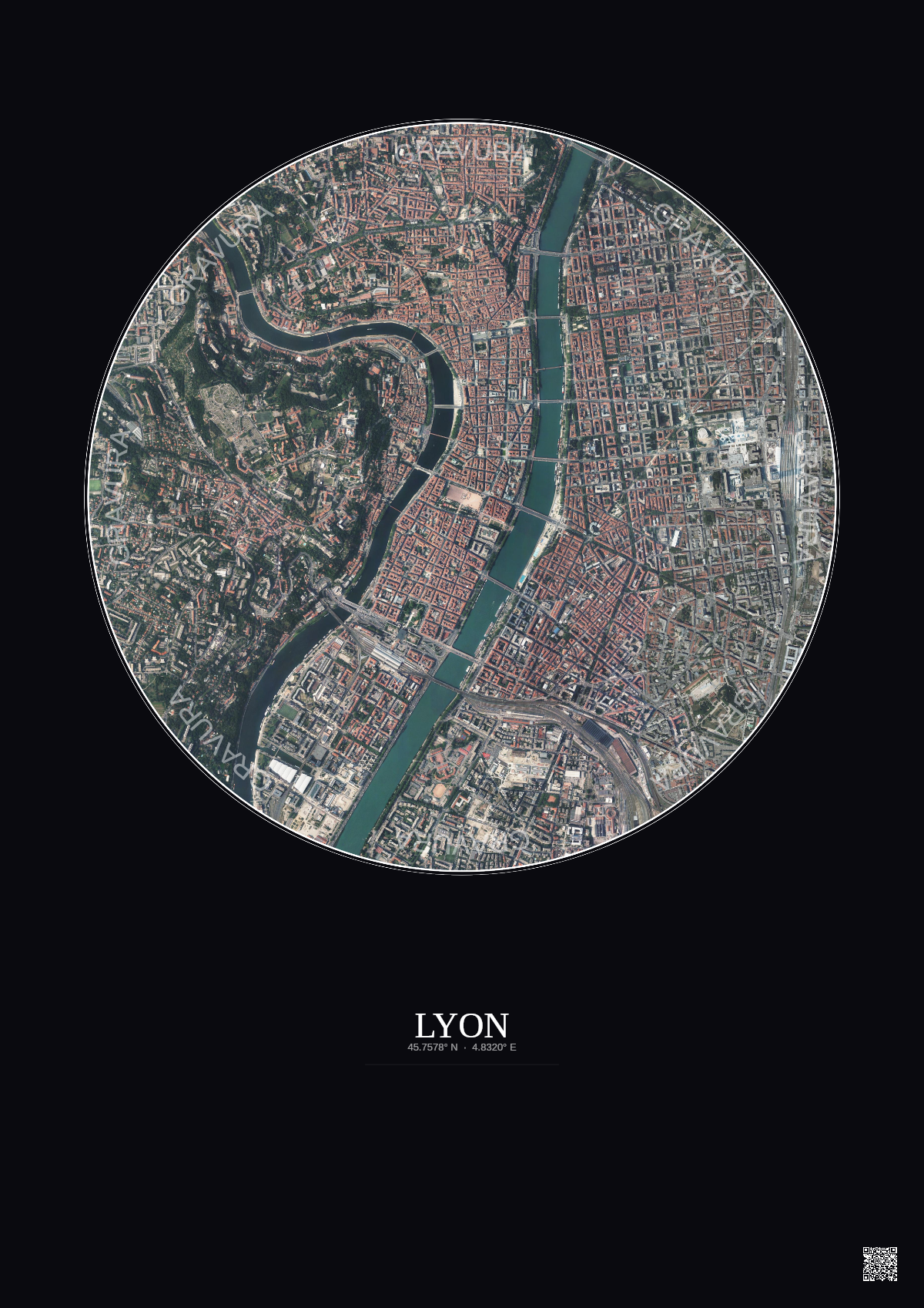 Affiche Lyon – Poster vue satellite 2.5km Couleur | Gravura – Fond foncé