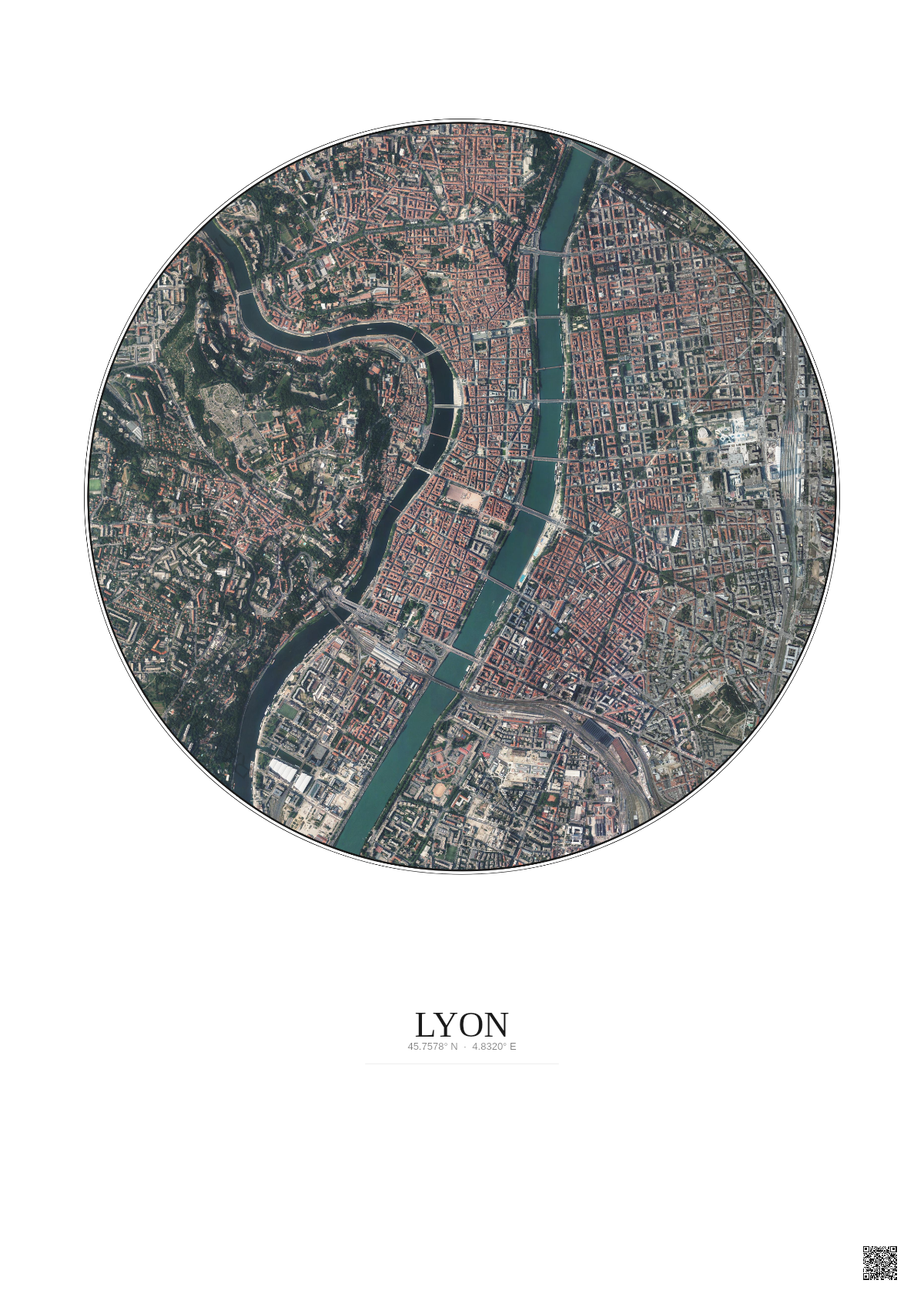 Affiche Lyon – Poster vue satellite 2.5km Couleur | Gravura – Fond clair