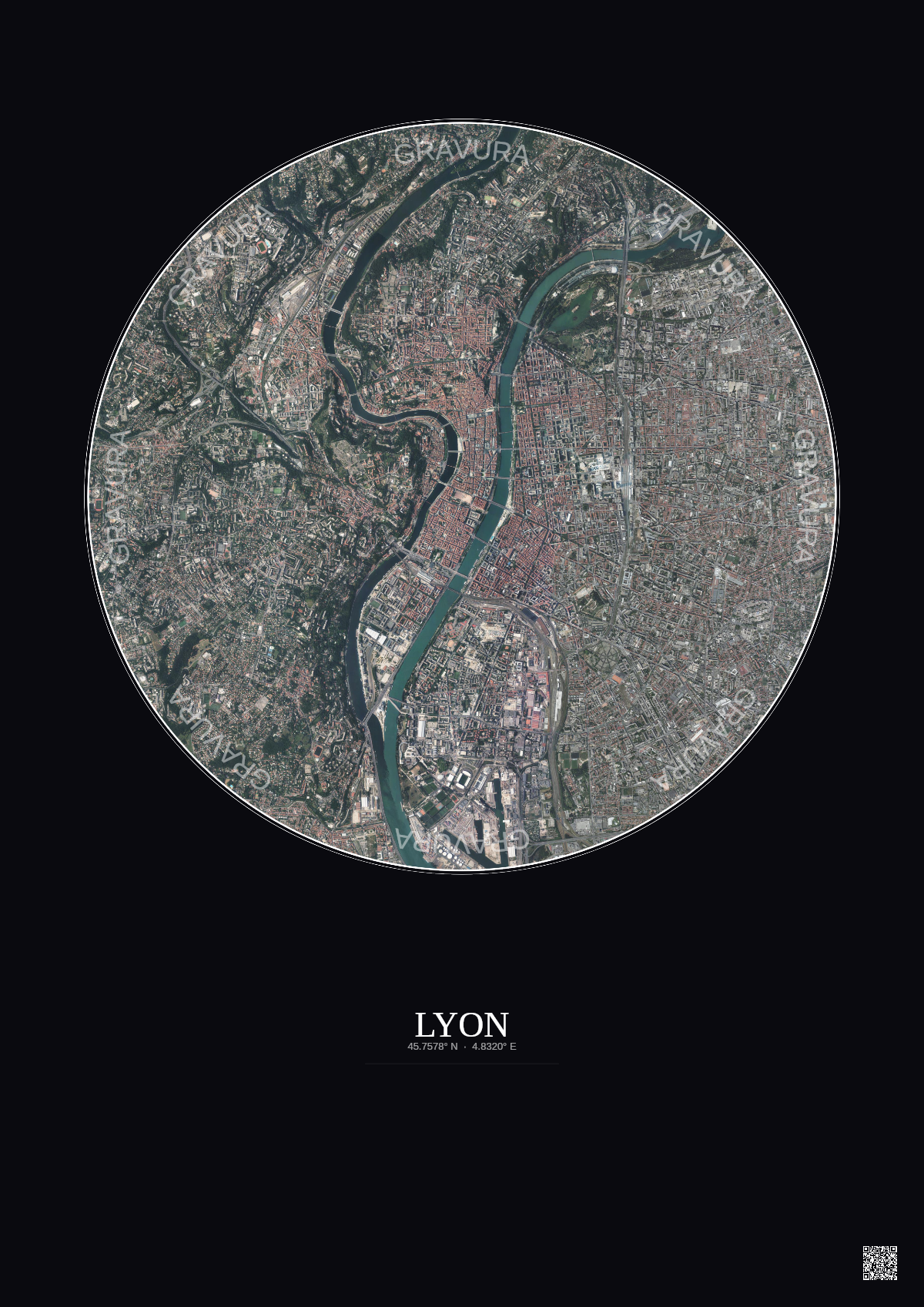 Affiche Lyon – Poster vue satellite 5km Couleur | Gravura – Fond foncé