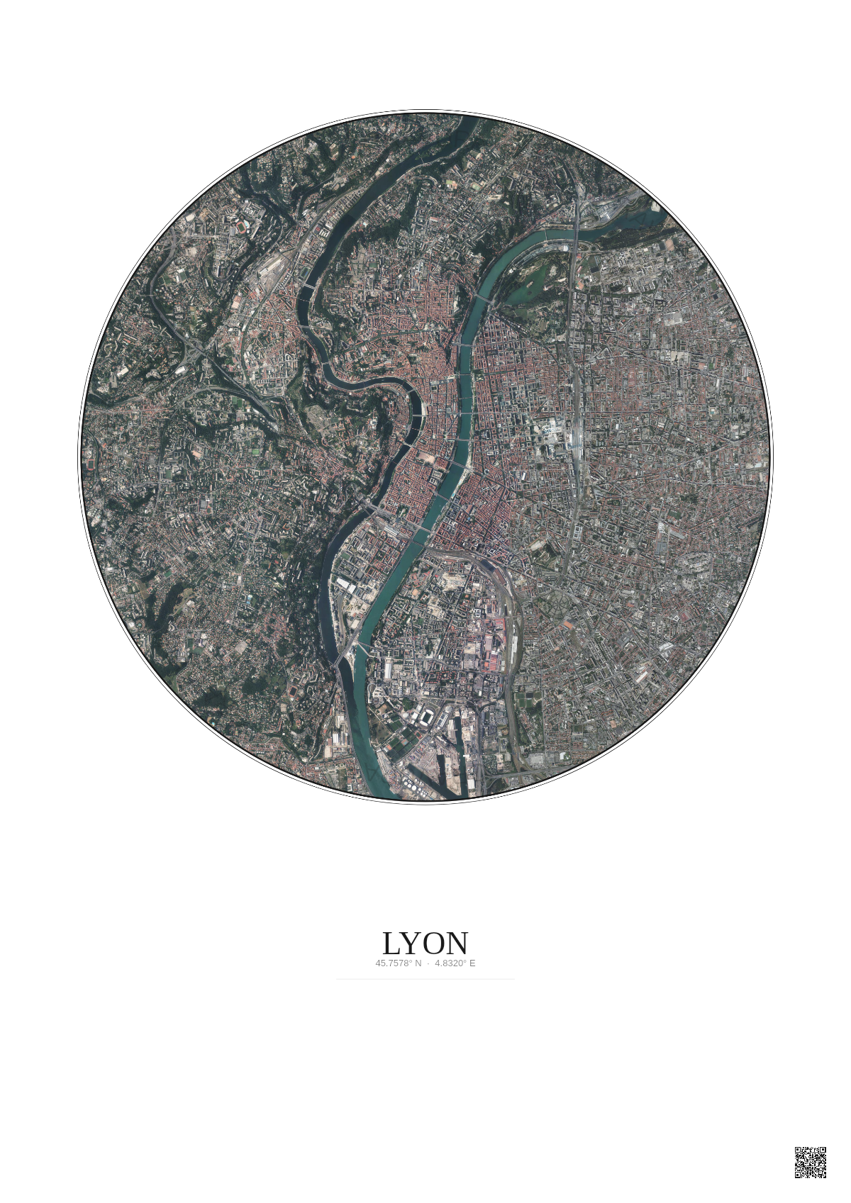 Affiche Lyon – Poster vue satellite 5km Couleur | Gravura – Fond clair