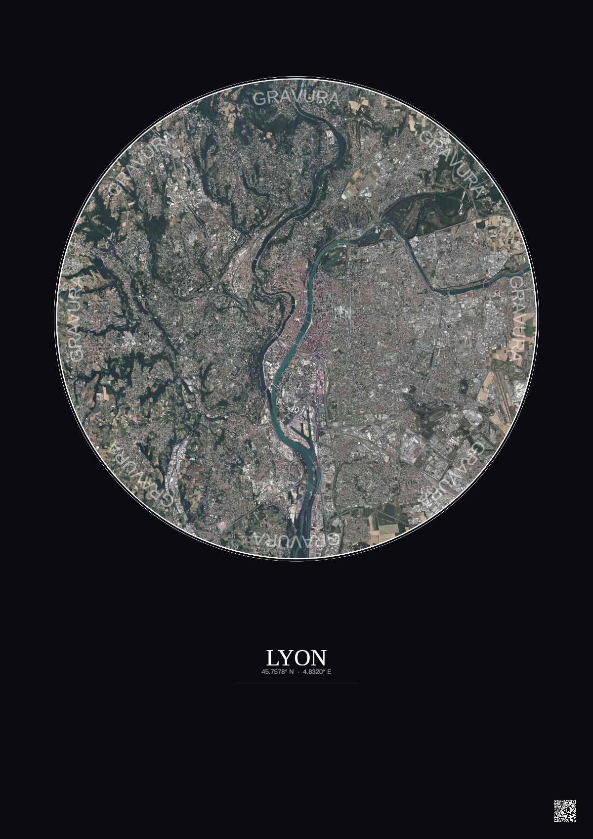 Affiche Lyon – Poster vue satellite 10km Couleur | Gravura – Fond foncé