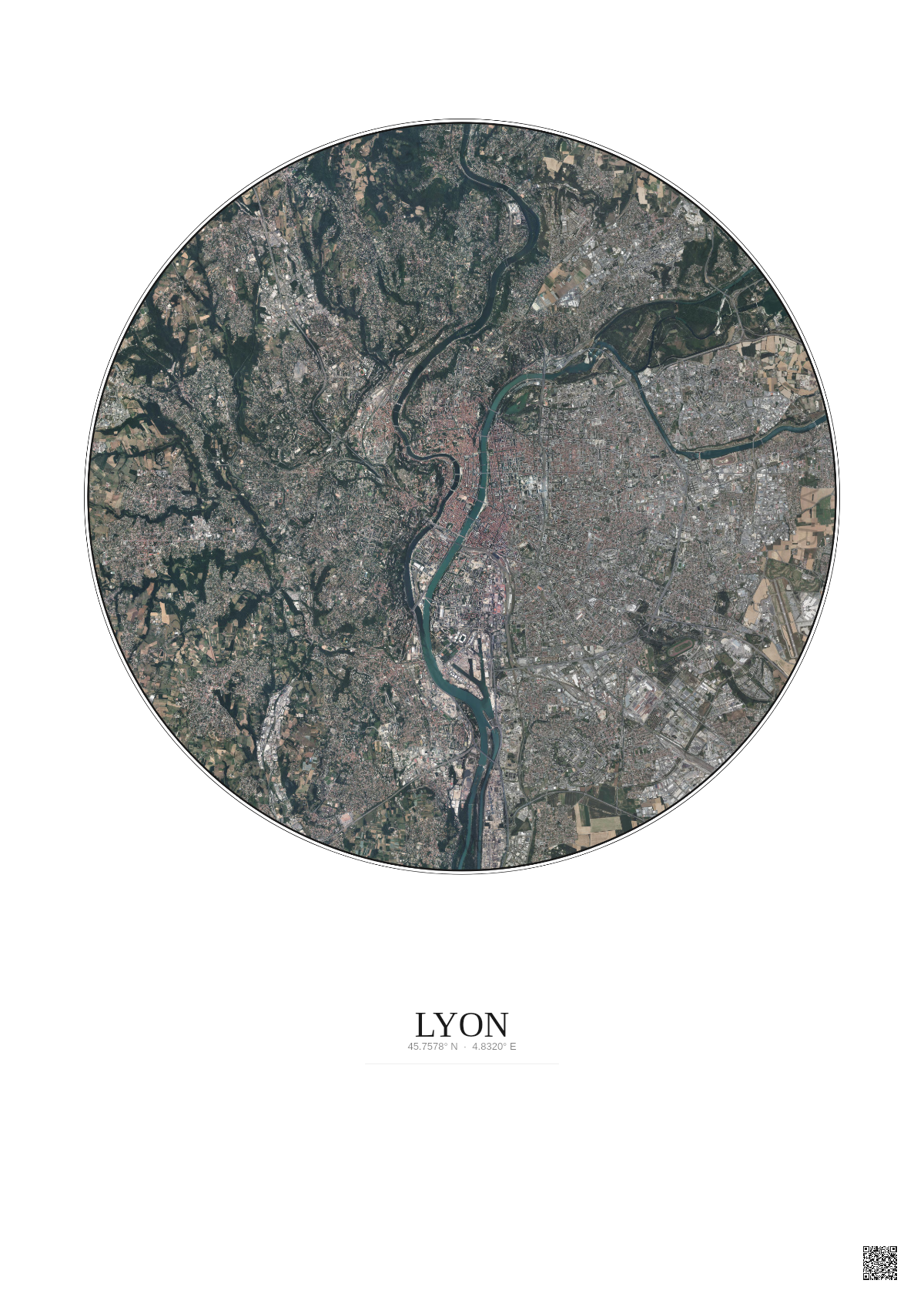 Affiche Lyon – Poster vue satellite 10km Couleur | Gravura – Fond clair