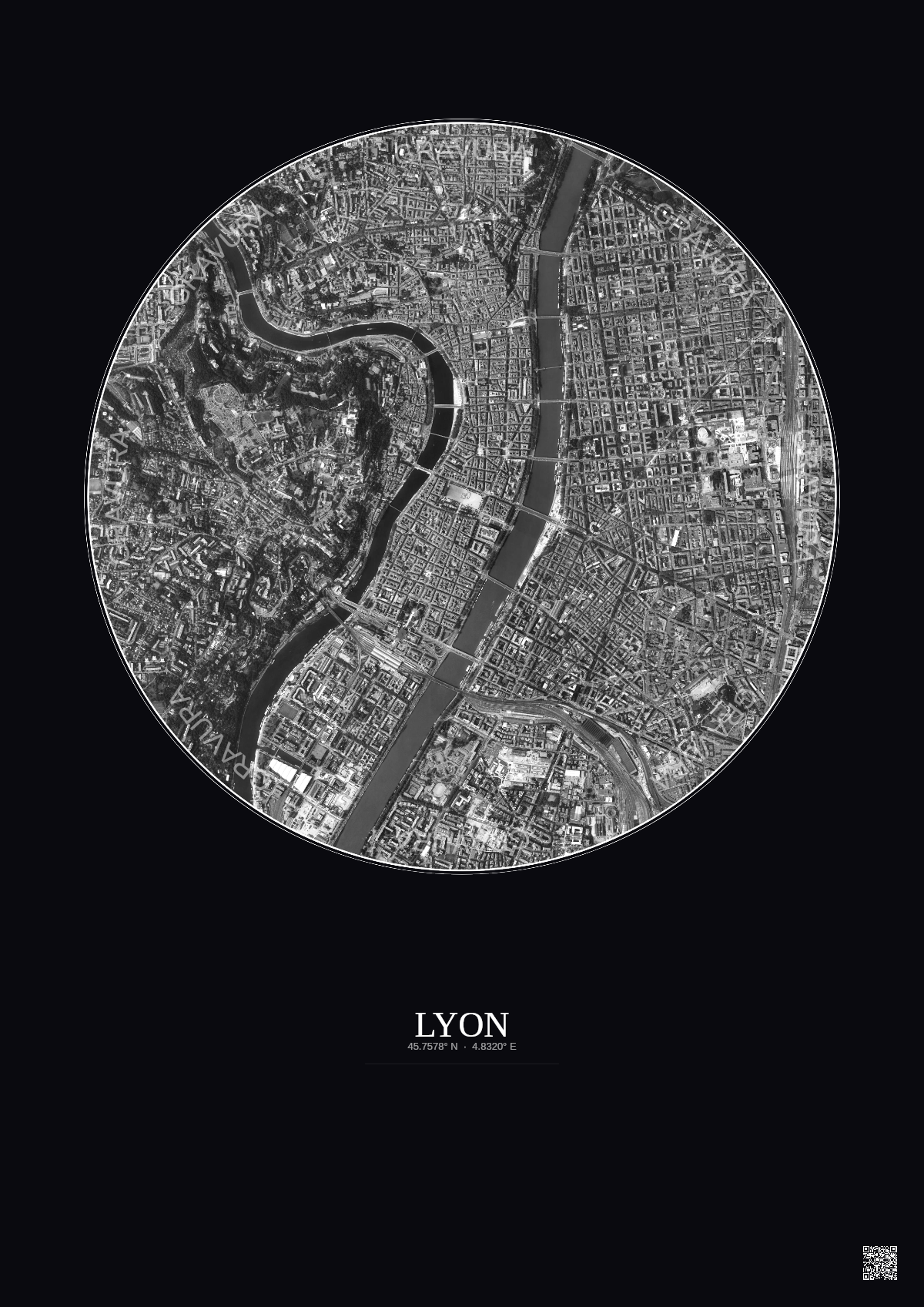 Affiche Lyon – Poster vue satellite 2.5km N&B | Gravura – Fond foncé
