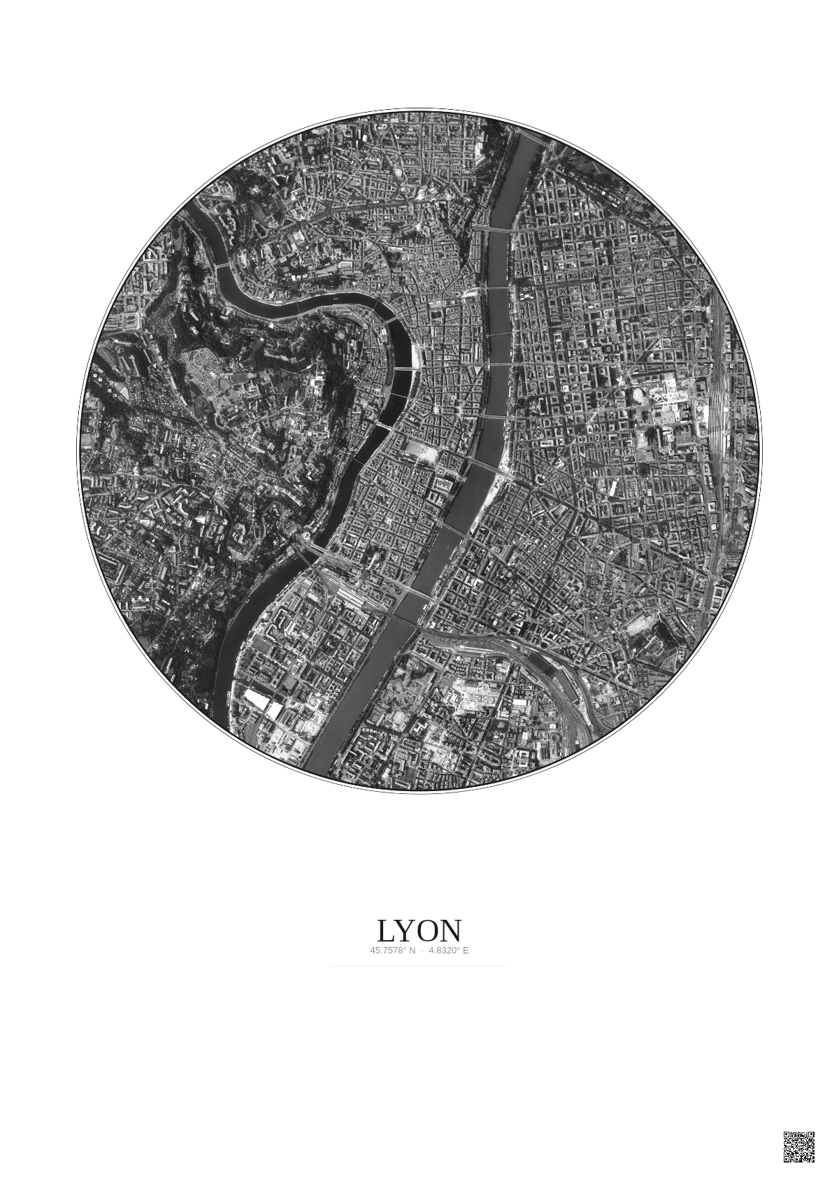 Affiche Lyon – Poster vue satellite 2.5km N&B | Gravura – Fond clair