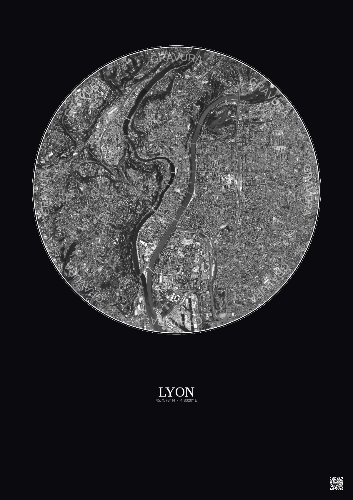 Affiche Lyon – Poster vue satellite 5km N&B | Gravura – Fond foncé