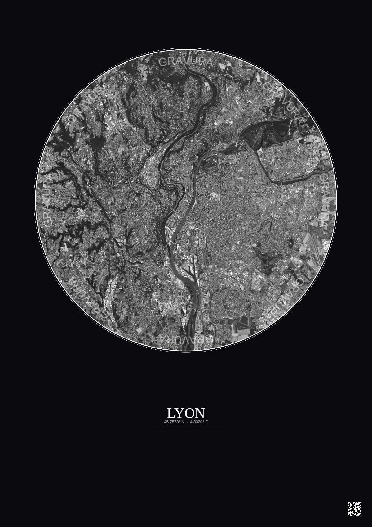 Affiche Lyon – Poster vue satellite 10km N&B | Gravura – Fond foncé